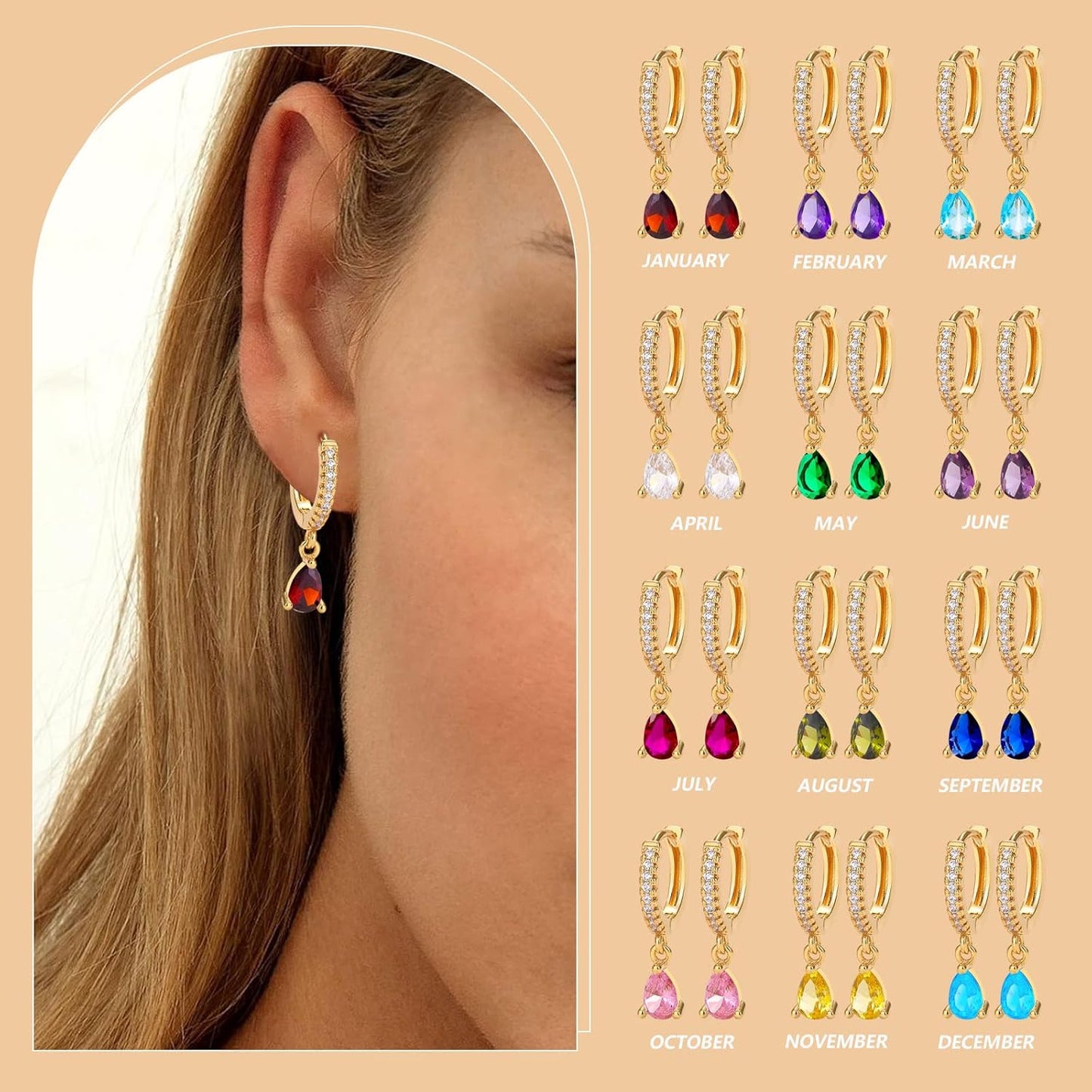14K Gold Birthstone Trendy Dangle Earrings for Women Teardrop Small Hoop Huggie Hypoallergenic CZ Minimalist Open Earrings Jewelry for Women Gift