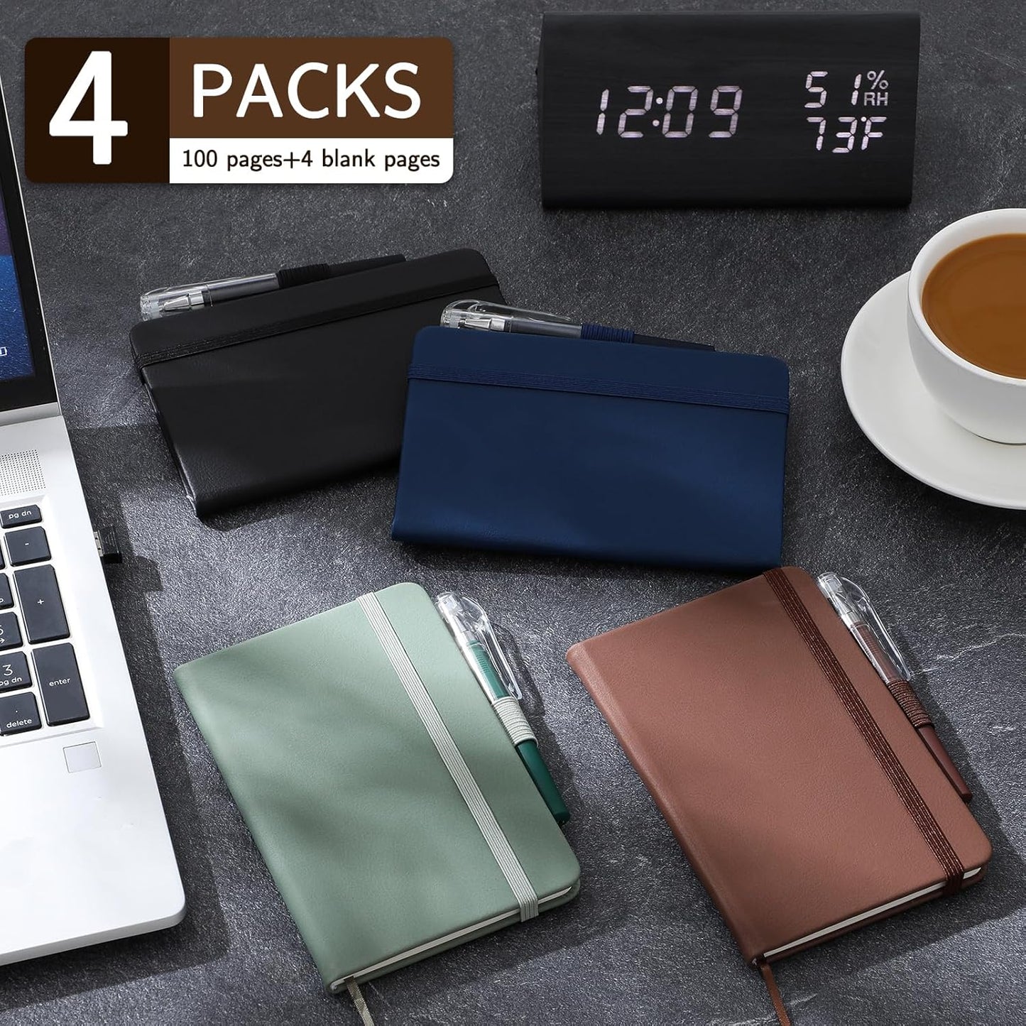 4 Pack Small Notebook Pocket Notebook, A6 Mini Leather Hardcover Journal, 3.7" X 5.7", 416 Pages Note Pads, Black, Green, Brown, Blue