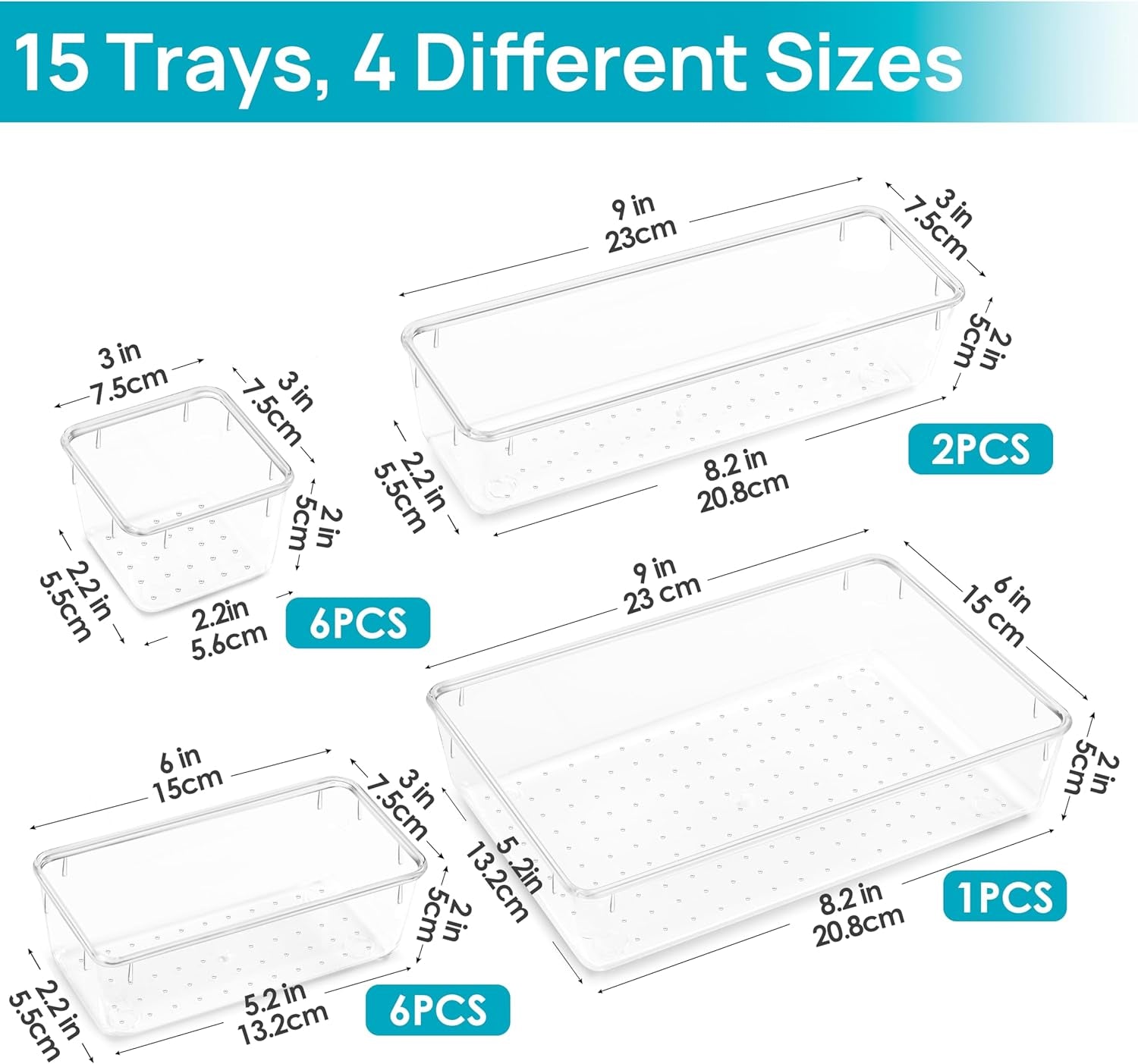 15 PCS Clear Plastic Drawer Organizers Set, 4-Size Versatile Bathroom and Vanity Organizer Trays, Non-Slip Storage Containers for Makeup, Jewelries, Bedroom,Kitchen Utensils and Office