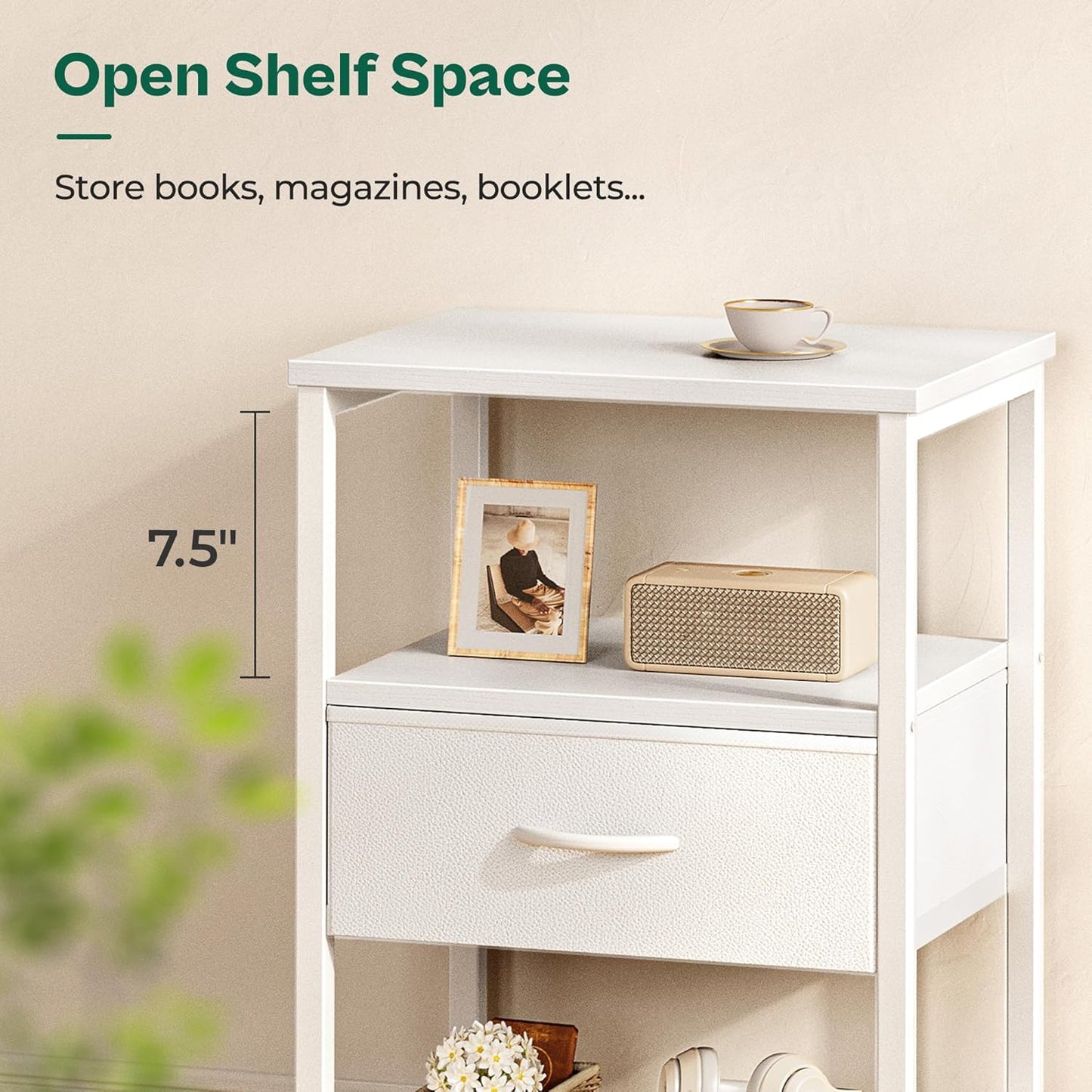 Fabric Drawer Nightstand with Mesh Shelf and Metal Frame, White