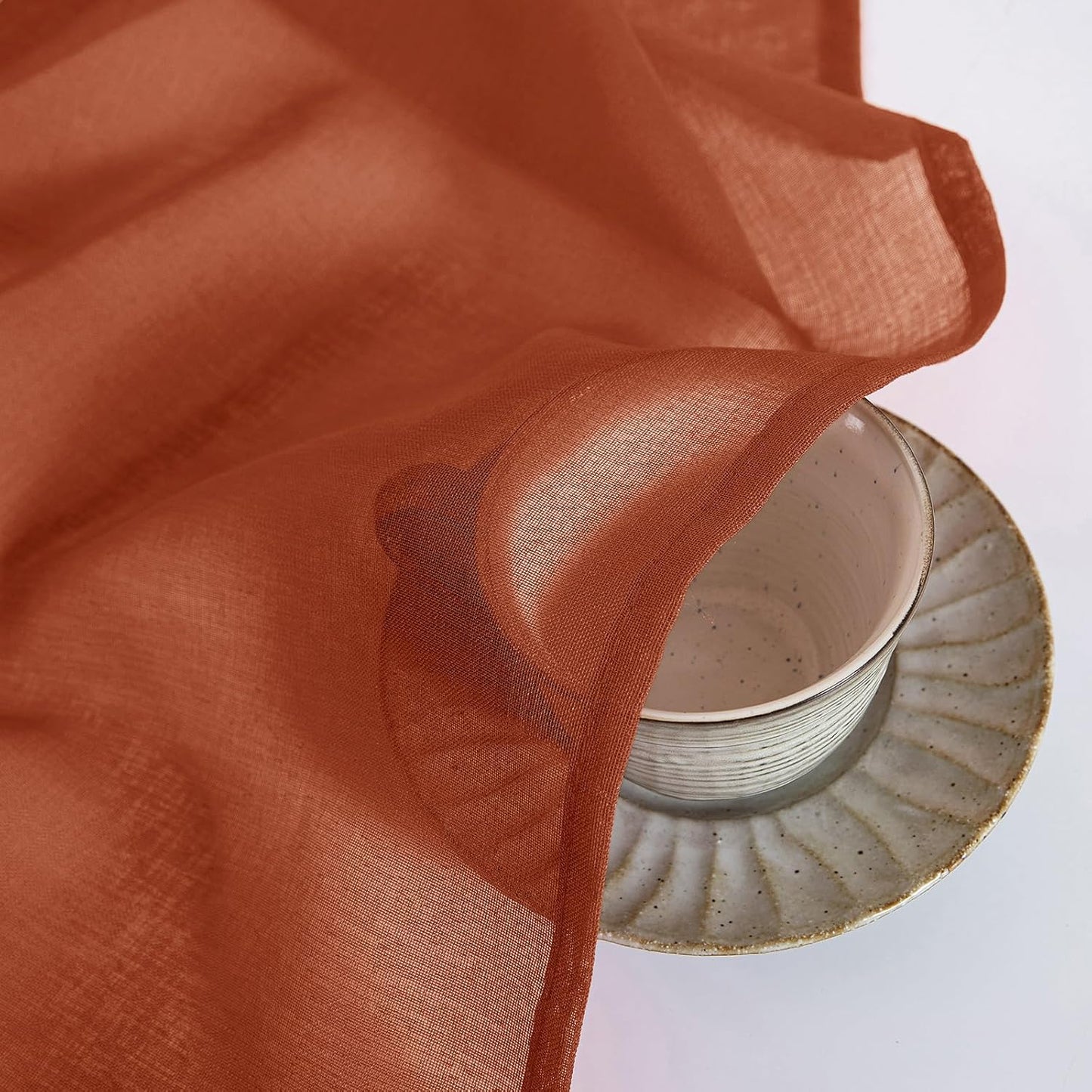 Terracotta Linen Textured Sheer Curtains 2 Panels for Kitchen/Bedroom/Living Room Semi Transparent Voile Drapes Rust Boho Farmhouse Fall Decor Window Panels Rod Pocket, W 54 X L 54 Inches Long