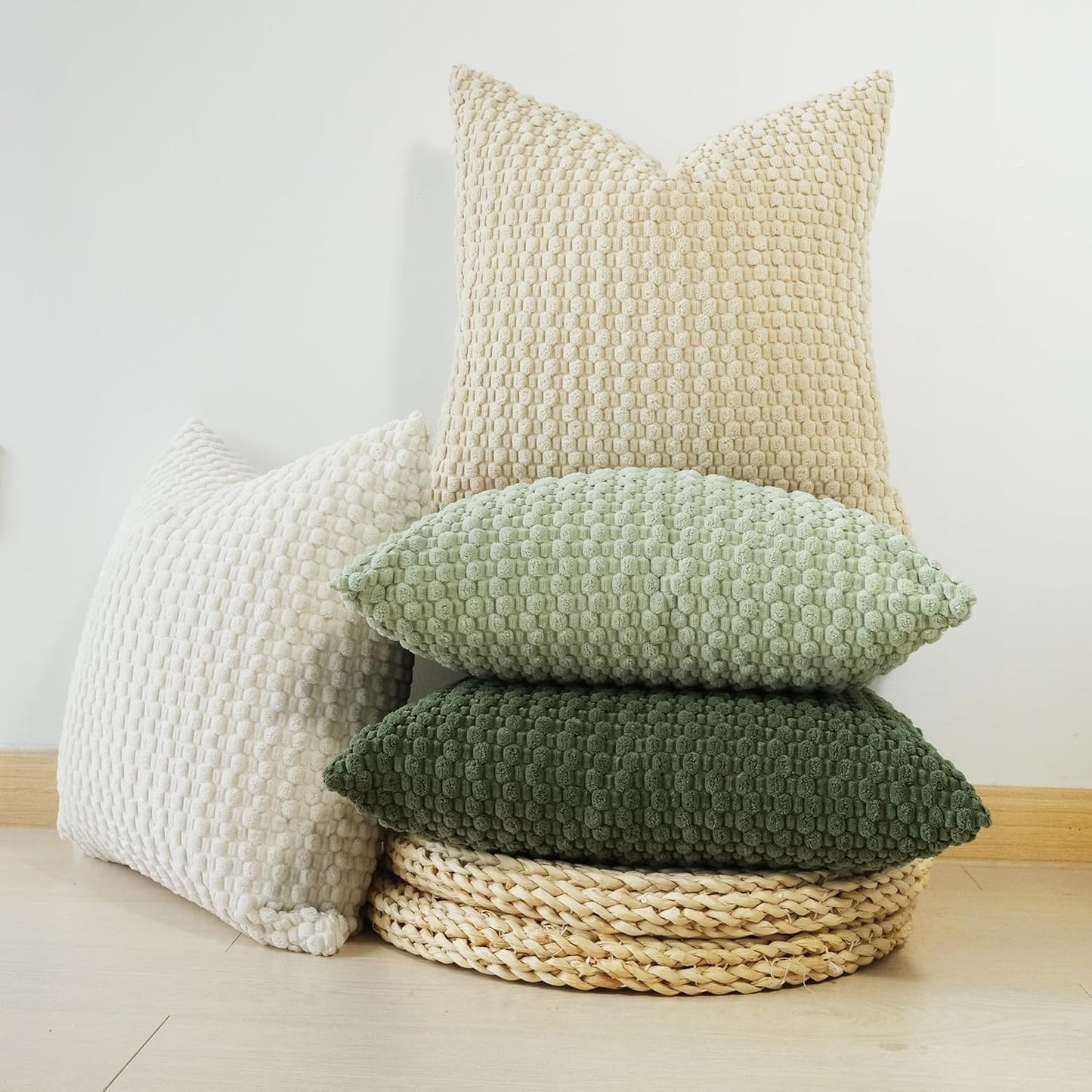 Pack of 4 Spring Decorative Throw Pillow Covers Farmhouse Boho Home Decor Striped Corduroy Square Pillowcases 18 X 18 Inch Green