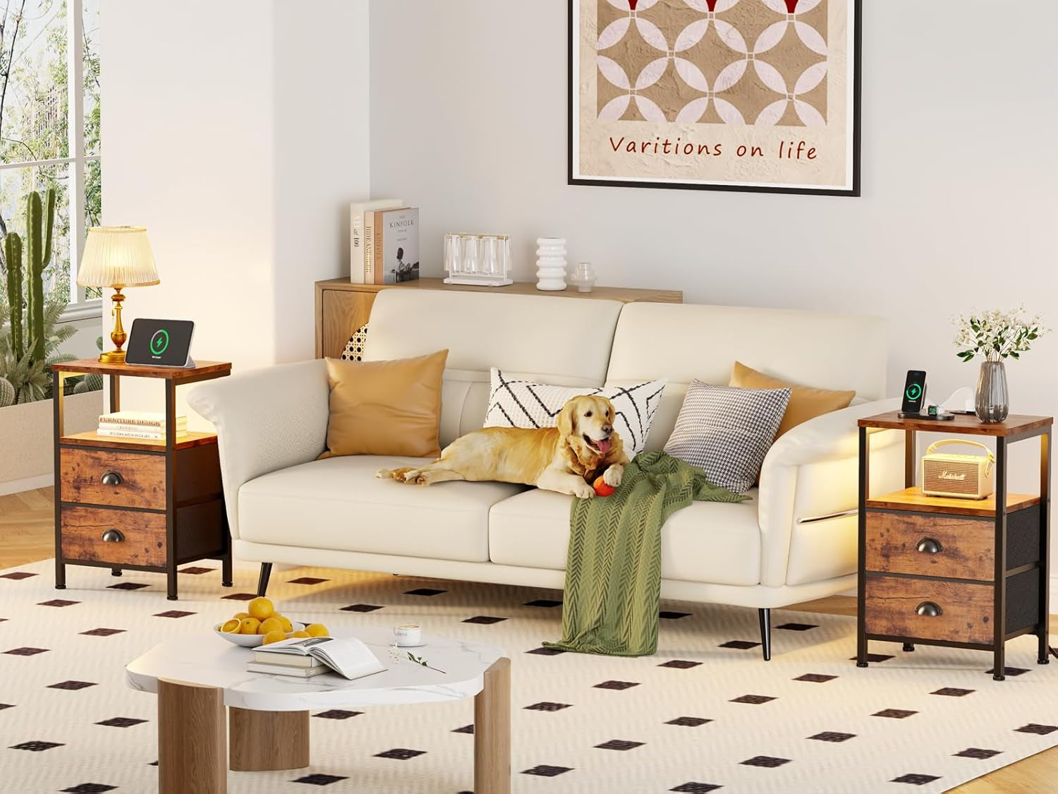 Nightstands Set of 2 Charging Station, End Tables with LED Lights, Nightstands with 2 Fabric Drawers and Shelves, Bedside Tables for Living Room/Bedroom,Rustic Brown