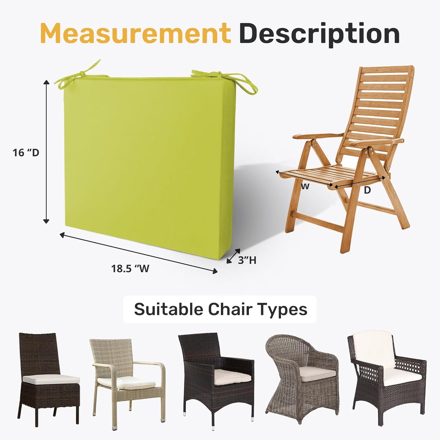 Outdoor Chair Cushions Pack of 4, Water Resistant Patio Cushions with Ties, High Density Sponge Filling Square Corner Seat Cushions for Outdoor Furniture, 18.5"*16"*3", Green Oasis