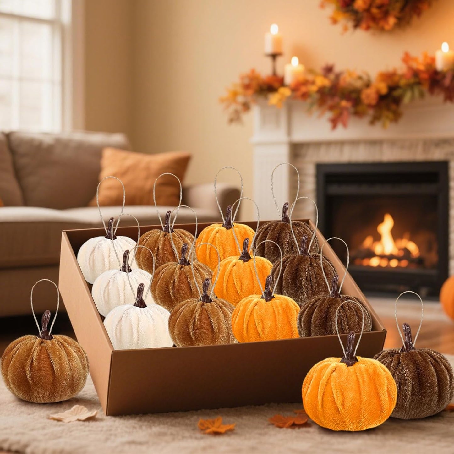 12 Pcs Velvet Pumpkins Fall Thanksgiving Pumpkins Hanging Ornaments Fall Tree Decorations Orange White Brown Velvet Wrapped Pumpkin Ball Decor with Hemp Rope for Thanksgiving Party Tree Farmhouse Home