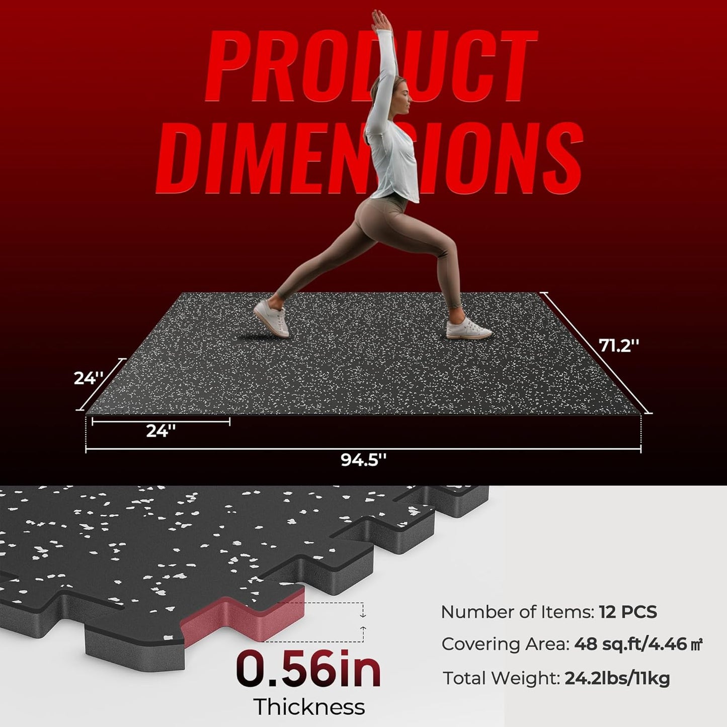 12-Piece Set of 0.56-Inch Thick High-Density EVA Foam Exercise Mats with Rubber Top, 48 Sq Ft Interlocking Gym Flooring for Home Use, Protective Workout Mat in Black/Grey