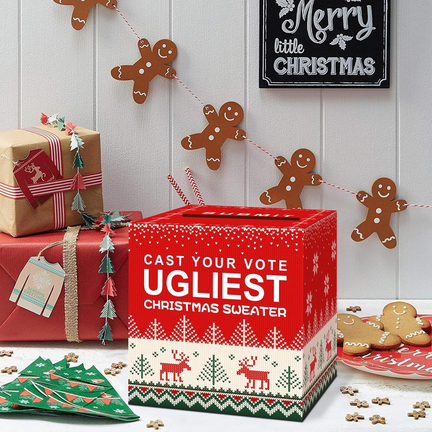 Ugly Sweater Contest Ballot Box, Voting Cards Box Set with 50 Voting Cards Sweater Contest Ballot Box for Christmas Games Party Decorations