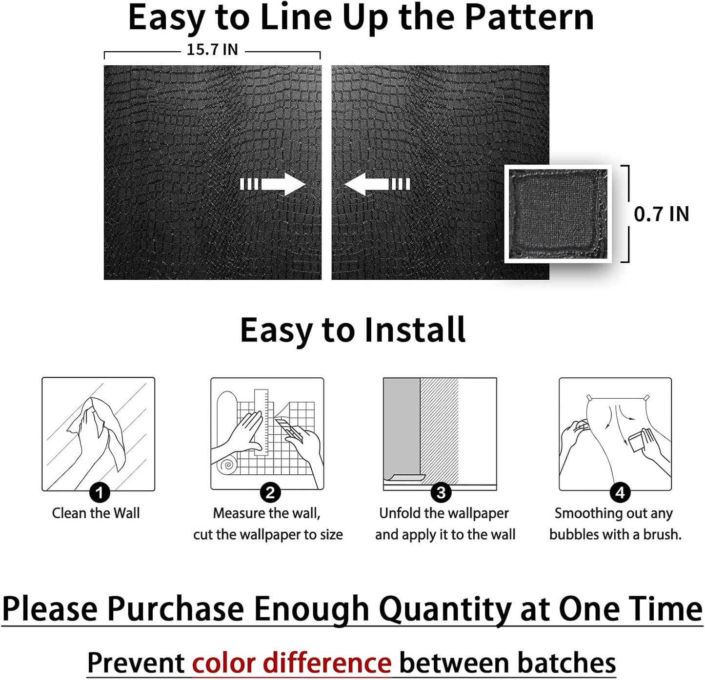 Black Peel and Stick Wallpaper - Removable Crocodile Self Adhesive Embossed Easy Peel off Contact Paper - Textured for Cabinet Bedroom 15.7" X 78.7"