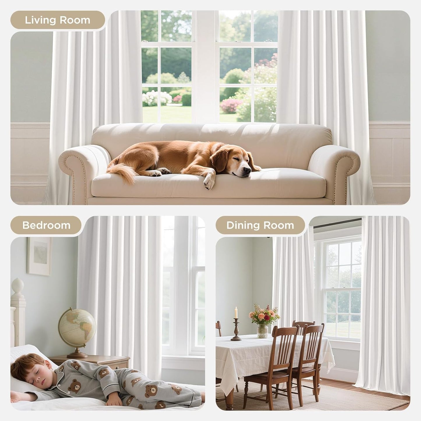 White 100% Blackout Linen Curtains - 96-Inch Long, 2 Panel Set with Rod Pocket & Back Tabs, Thermal Insulated Drapes for Bedroom and Living Room (Pure White, 52" W x 96" L)