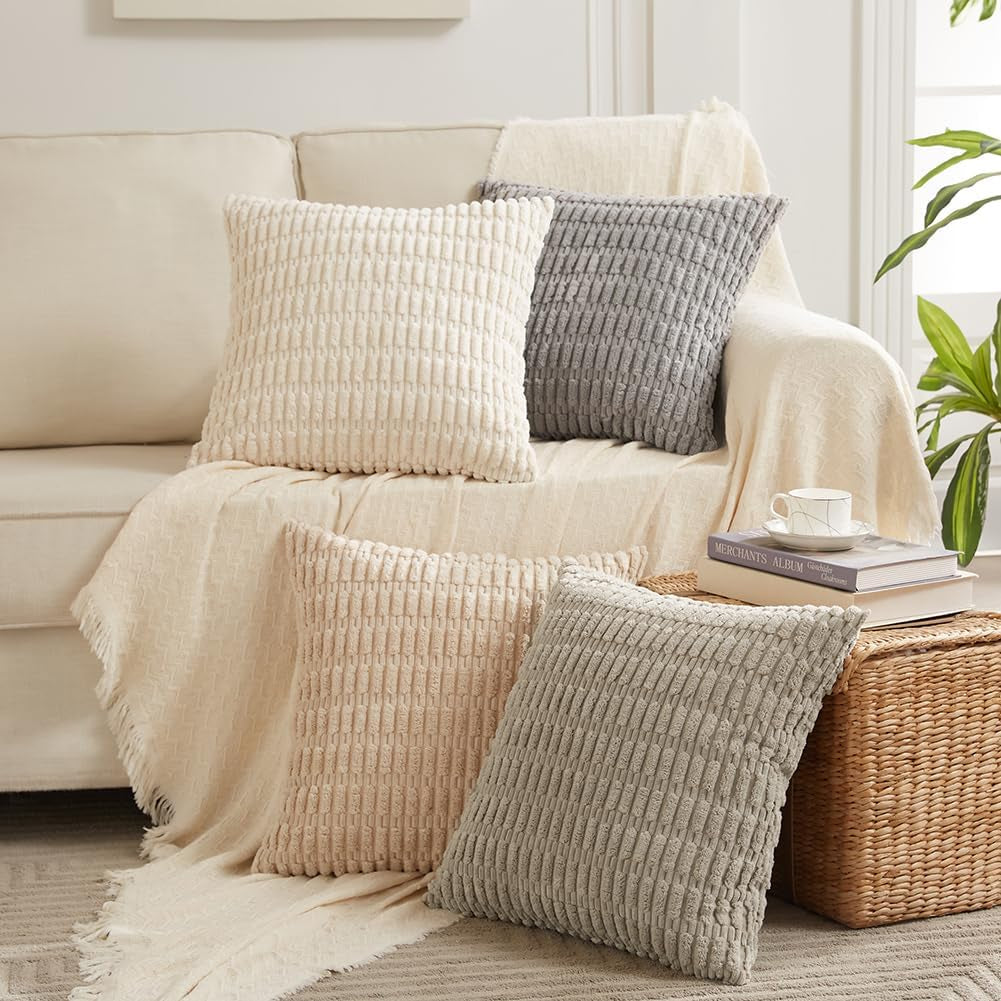 2 Packs Boho Decorative Throw Pillow Covers 18X18 Inch for Living Room Couch Bed Sofa, Rustic Modern Farmhouse Home Decor, Soft Corduroy Cream Square Cushion Case 45X45 Cm