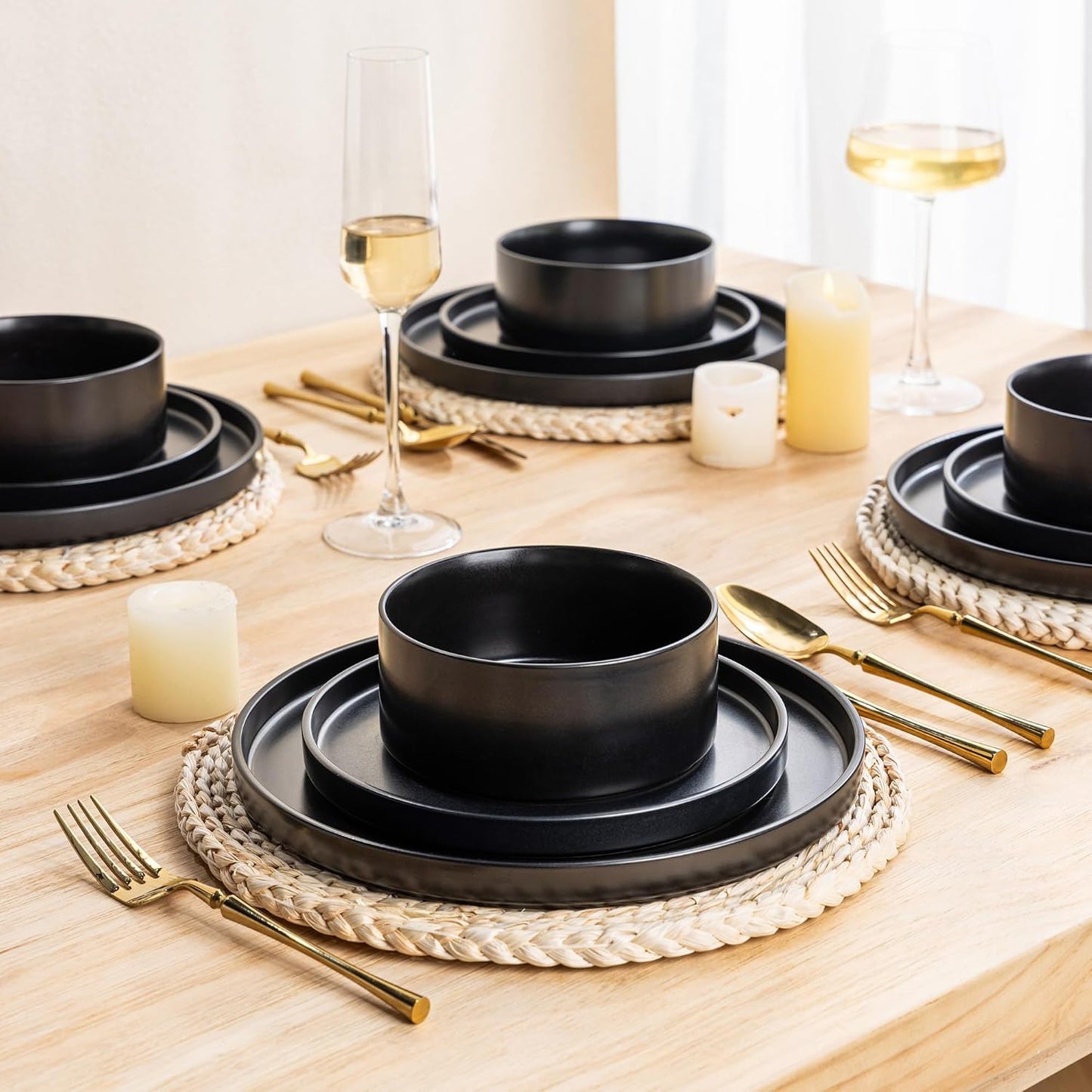 Matte Black Stoneware Dinnerware Set for 6 - Chip and Scratch Resistant, Dishwasher, Microwave, and Oven Safe with Reactive Glaze