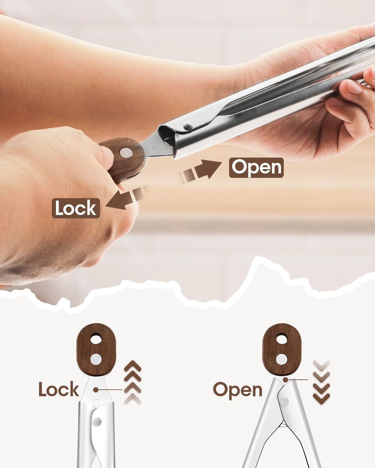 10 & 13 Inch Wooden Tongs for Cooking, Kitchen Stainless Steel Salad Tongs with Walnut Wood Tip, Serving Food Toaster Bread Non Toxic Grill Tong, Smooth Locking & Hanging Cooking Utensils Set