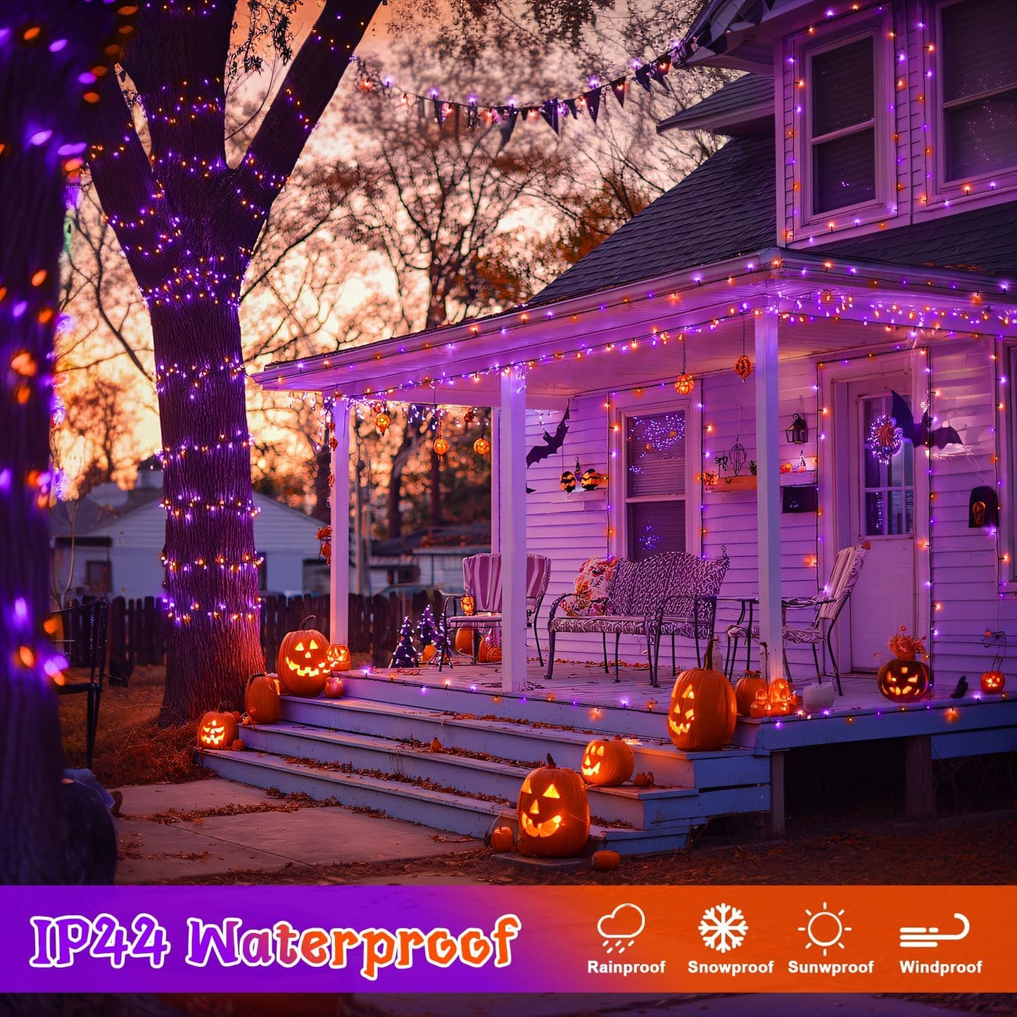 Orange and Purple Halloween Lights: 132Ft 400 LED String Lights Plug in - Halloween Lights Indoor Outdoor for Yard Tree Porch