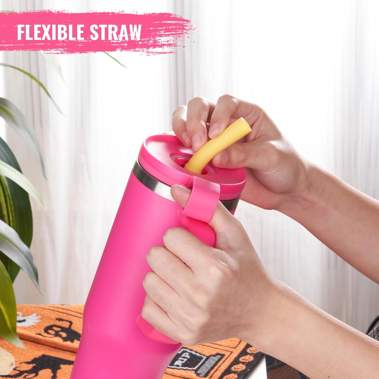 32Oz Water Bottle with Straw, Tumbler with Handle & Lid, Insulated Water Bottle with Straw Cover Cap, Travel Coffee Mug for Hot/Iced Water, Tea or Coffee, Bpa-Free, Cupholder Friendly, Passion Pink