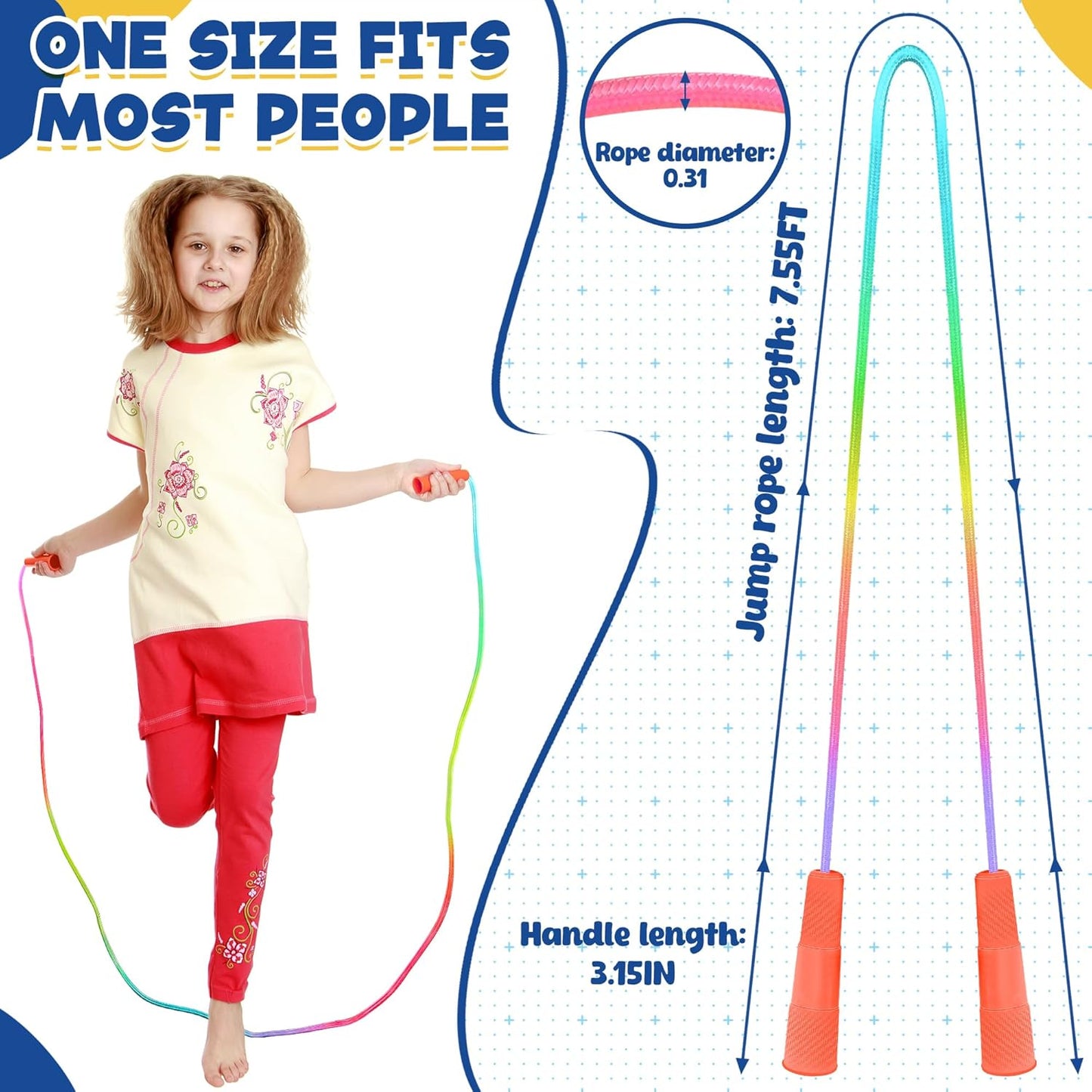 Kids Jump Rope, Colorful Gradient Nylon Skipping Ropes for Children, 7.55FT Adjustable Length, Plastic Handles, Lightweight Jumping Ropes for Schools, Events, and Family Fun