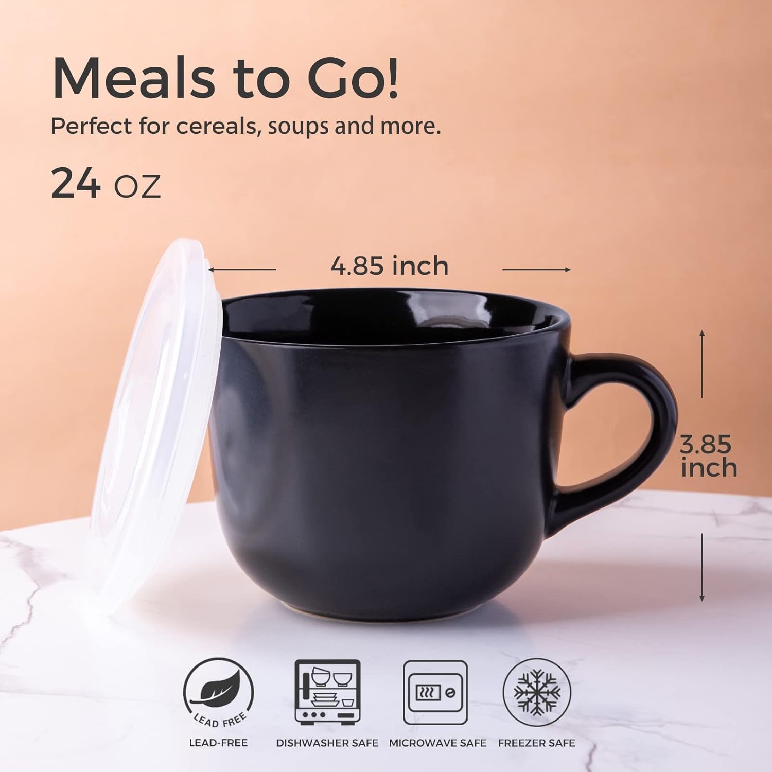 Ceramic Soup Mugs with Vented Lids, 24 Oz Capacity, Set of 4 - Versatile Cups for Coffee, Cereal, Salad, Noodles, Tea, and Soup, Microwave and Dishwasher Safe, Black