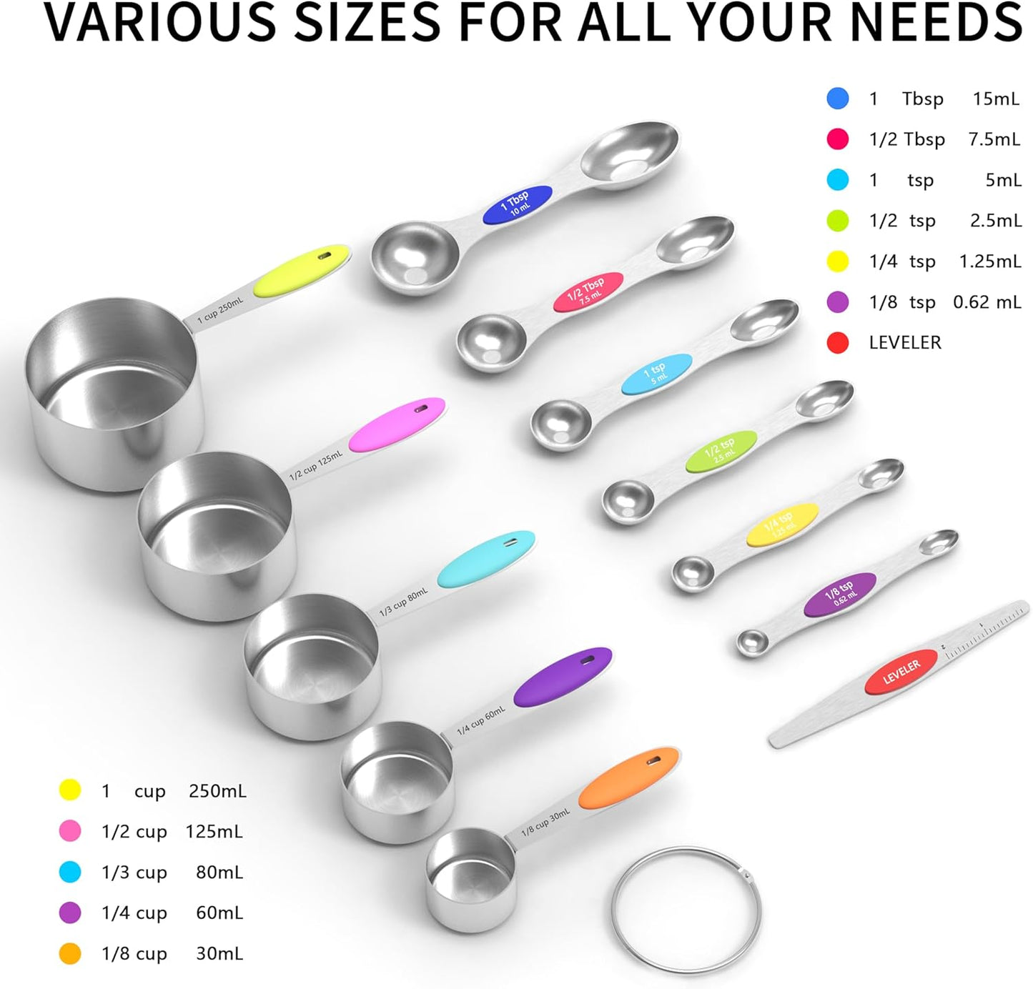 Measuring Cups and Magnetic Measuring Spoons Set, Stainless Steel Measuring Cups, 6 Double-Sided Stainless Steel Measuring Spoons & 1 Leveler (5+7)
