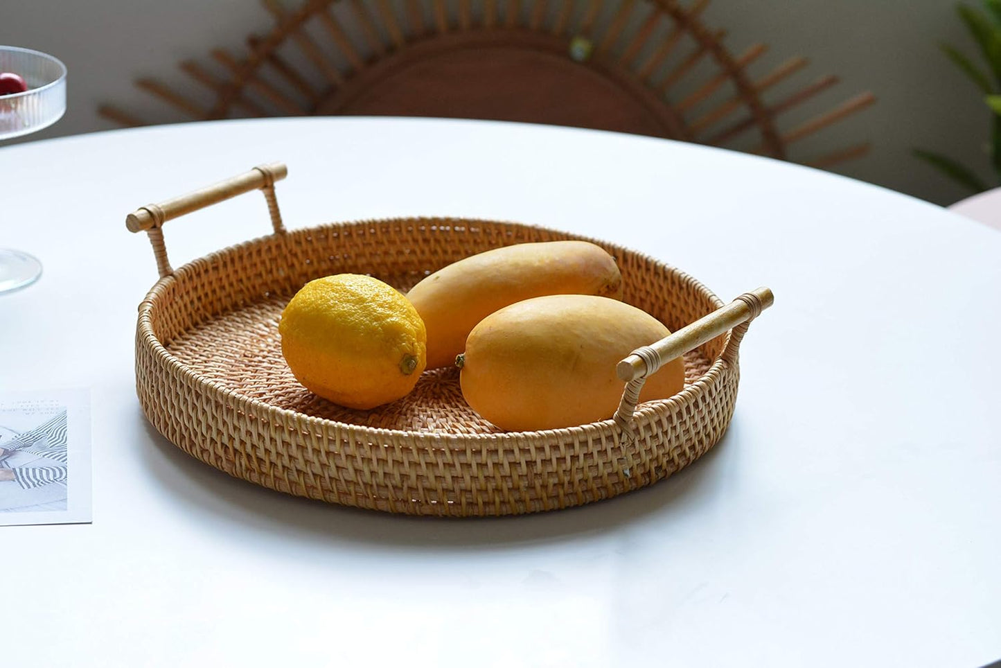 Rattan round Serving Tray Wicker Woven Bread Basket with Handles for Cracker Dinner Parties Coffee Table Breakfast (Natural 12.6 Inches)