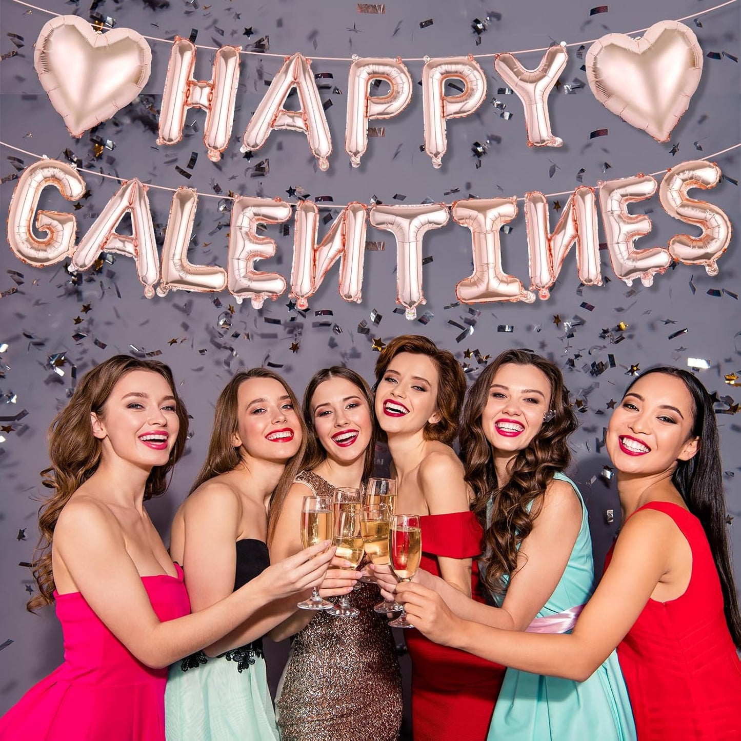 Happy Galentines Day Balloons Decorations, 16" Rose Gold 'HAPPY GALENTINES' Letters & Heart Shaped Balloons, Pink Valentines Day Party Supplies