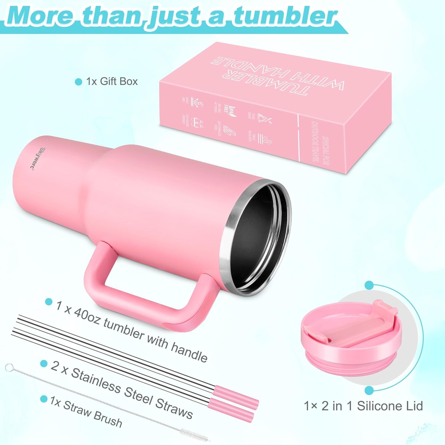 40 Oz Tumbler with Handle and Straw, 2 in 1 Lid, Vacuum Insulated Stainless Steel Double Wall Water Bottle Travel Mug - Holiday Gifts for Women Men - Pink