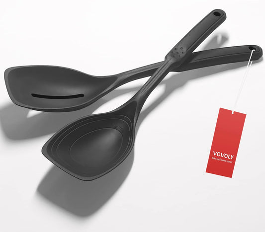 2 Pack Large Silicone Cooking Spoon, Non-Stick Slotted and Solid Spoon Set with Deep Bolw and Measurement Mark for Mixing, Serving, Draining, Scooping, Scraping, Heat Resistant Kitchen Utensils, Black