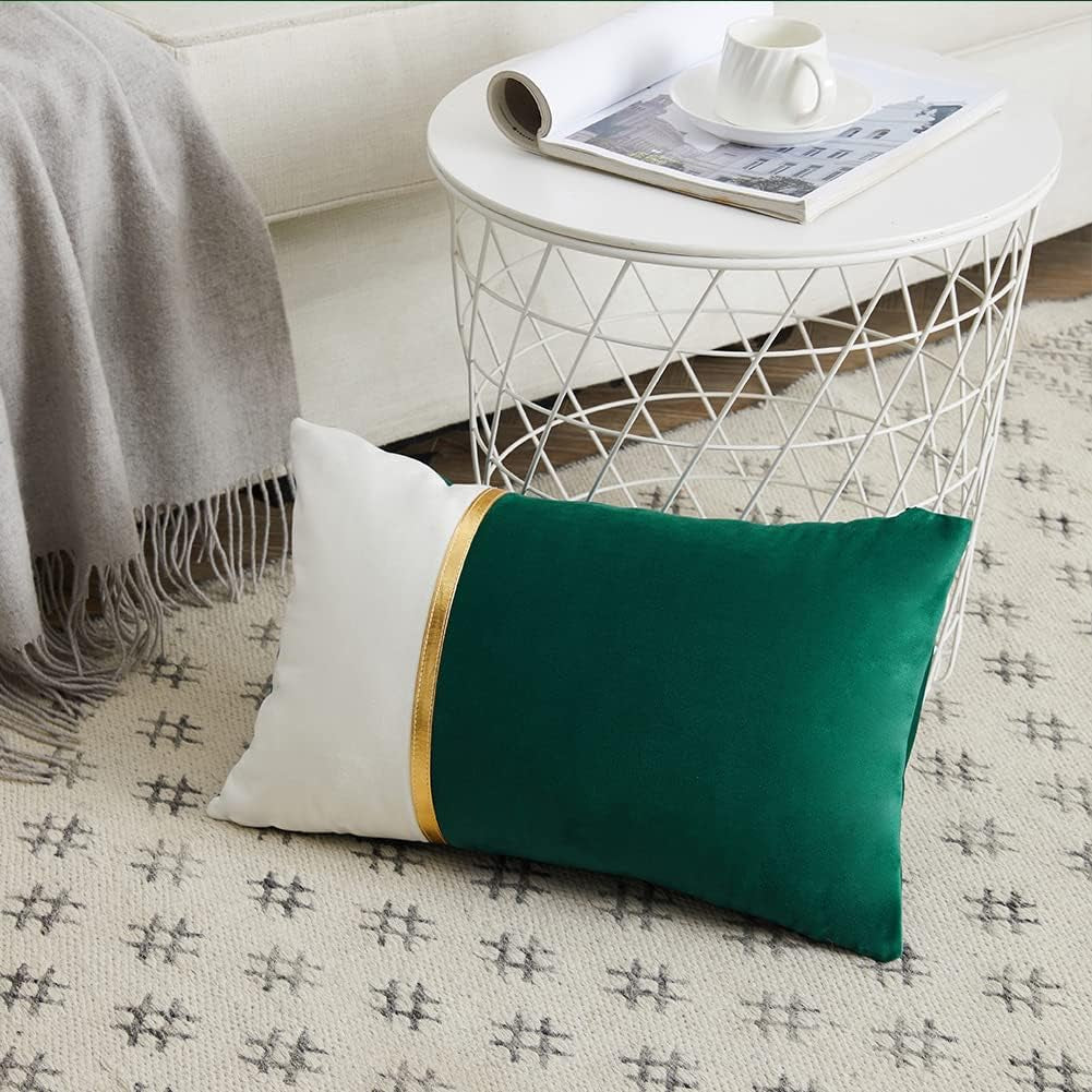 2 Packs Christmas Lumbar Decorative Throw Pillow Covers 12X20 Inch for Living Room Couch Bed, Green and White Velvet Patchwork with Gold Leather, Rectangle Cushion Case 30X50 Cm