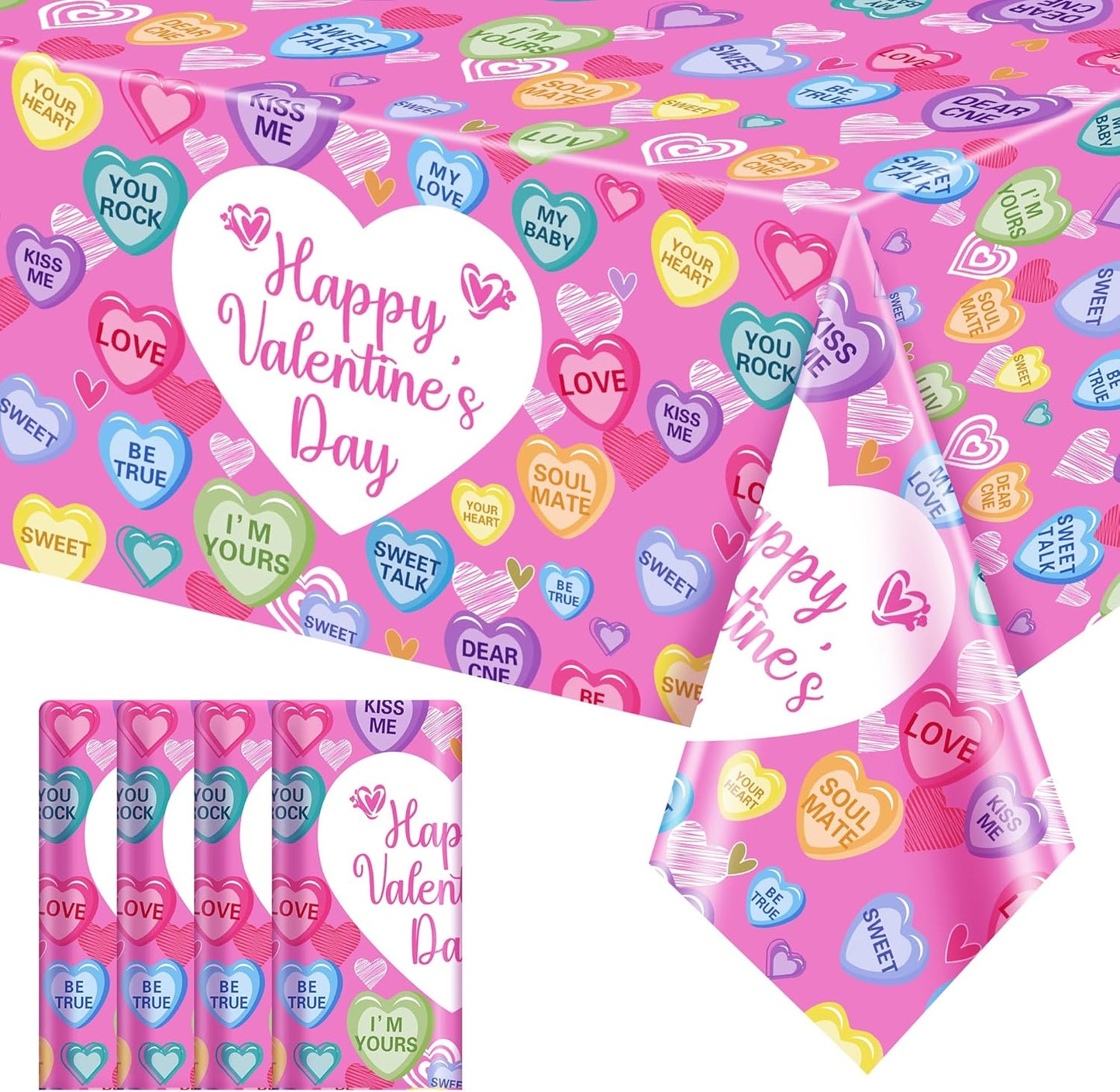 Set of 4 Disposable Waterproof Tablecloths, 54x108 inches, Featuring Love Hearts and Text for Galentine's Day, Weddings, Anniversaries, Engagements, and Celebrations