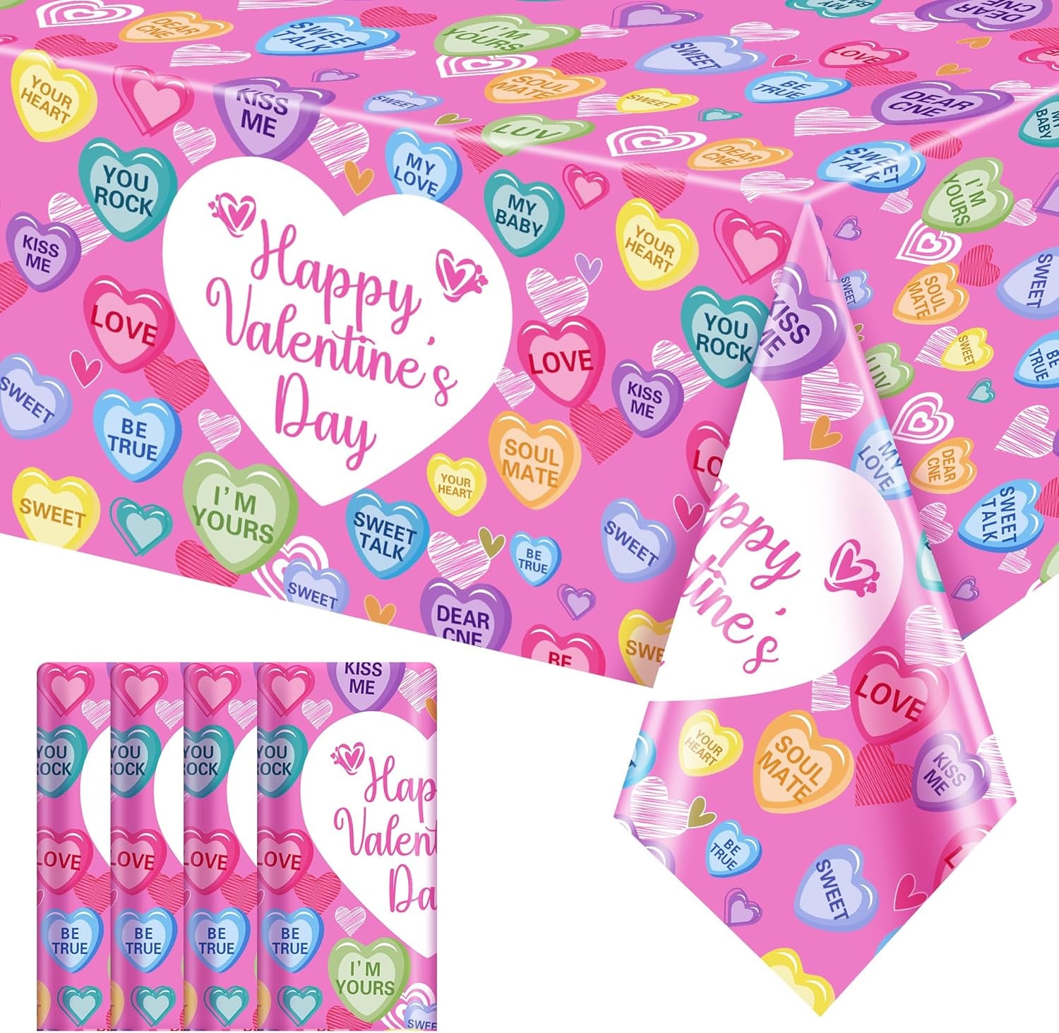 Set of 4 Disposable Waterproof Tablecloths, 54x108 inches, Featuring Love Hearts and Text for Galentine's Day, Weddings, Anniversaries, Engagements, and Celebrations