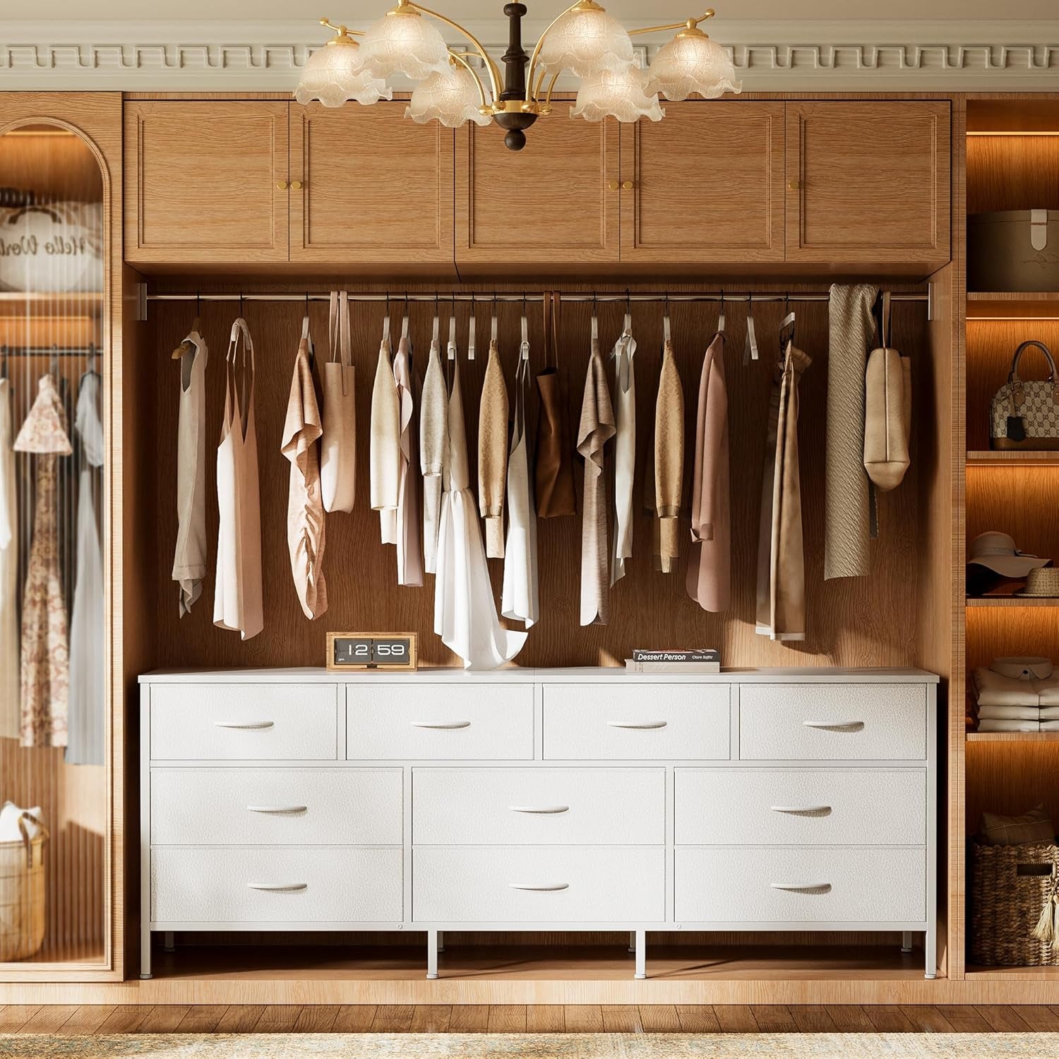 63-Inch White Dresser with 10 Fabric Drawers, Versatile TV Stand for 55 to 70 Inch TVs, Ideal Toy Storage Organizer for Bedroom or Closet