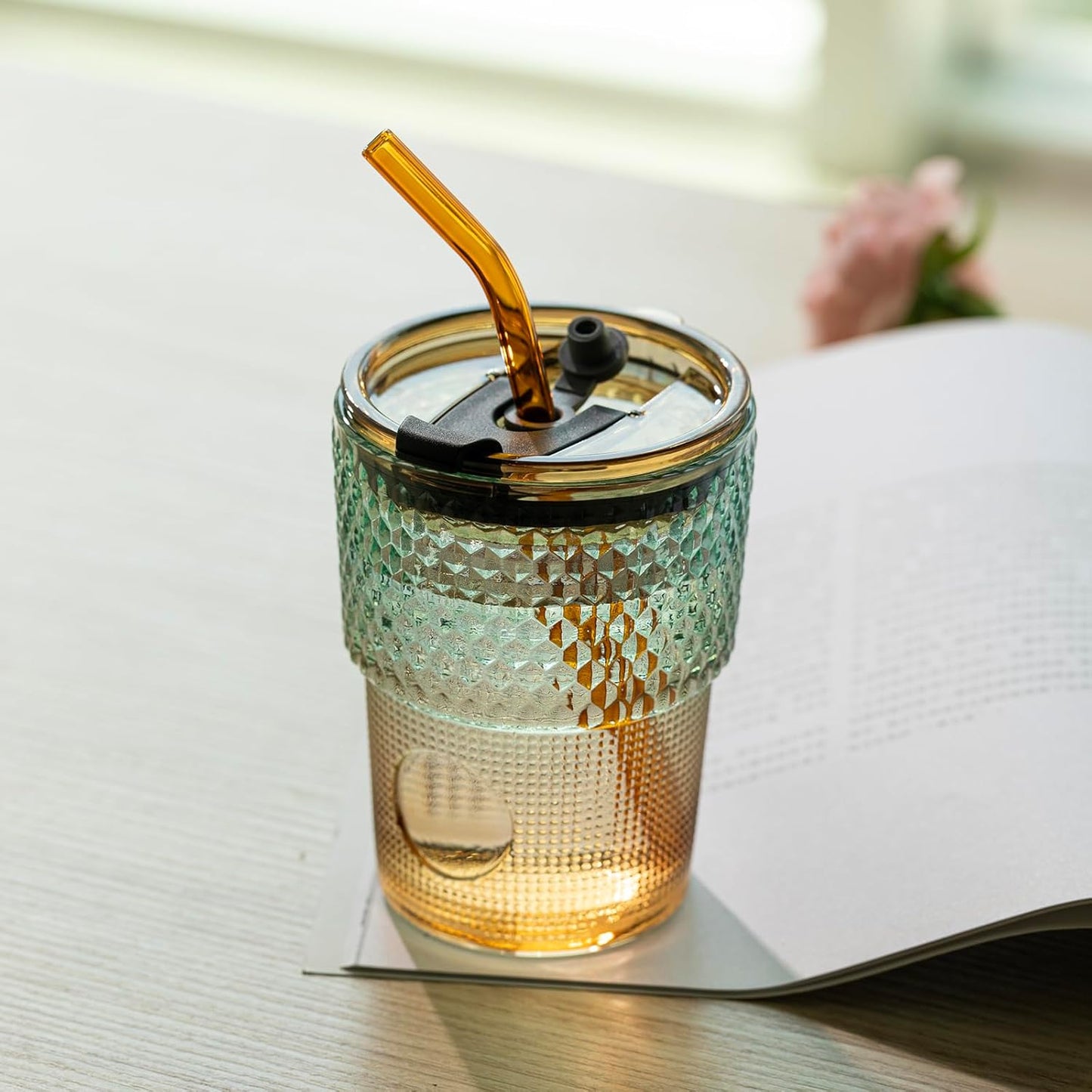 13 Oz Tumbler Water Glass, Water Bottle with Straw and Dustproof Lid, Coffee Ice Cup Double Wall Insulated Glass Cup (Amber-Ribbed)