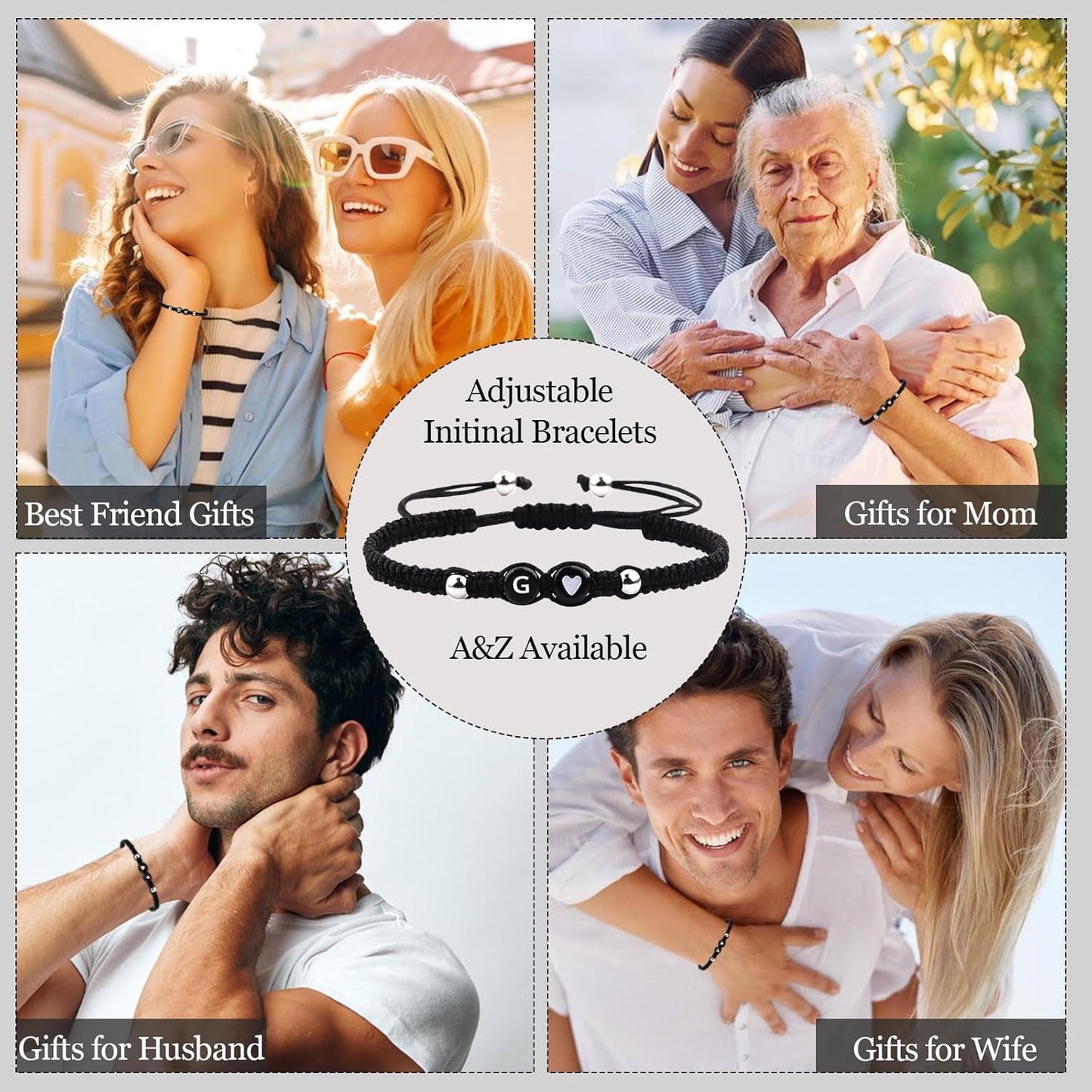 Black Rope Initial Bracelet for Men Women, 6Mm Beads 26 Letters A-Z Alphabet Handmade Adjustable Weaving Beadsbracelet for Couples Friends Mom Dad, Christmas Birthday Jewelry Gifts