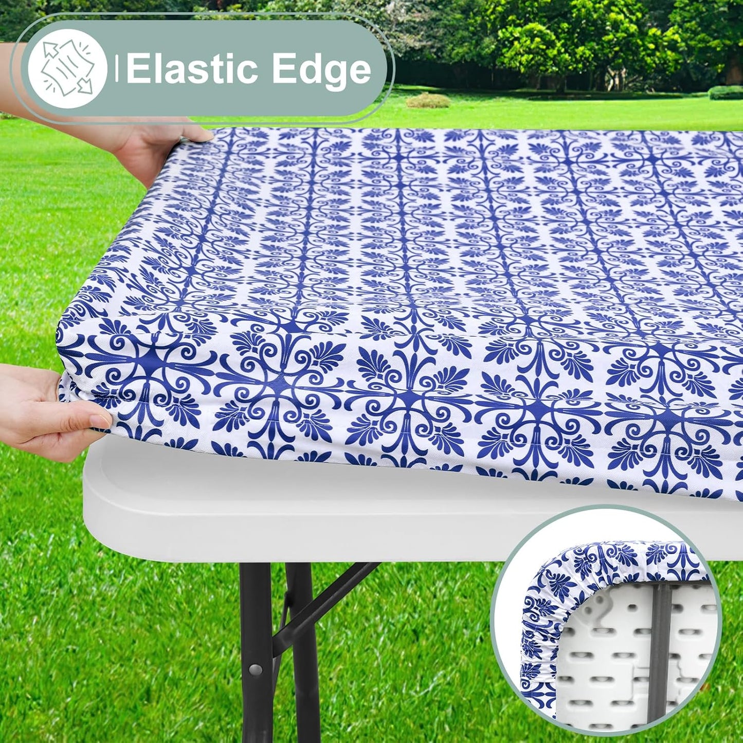 Rectangle Vinyl Table Cloth, Elastic Fitted Flannel Backed Tablecloth, 100% Waterproof Plastic Table Cover Fits 6 Foot Folding Tables for Picnic, Camping, Outdoor (Blue, 30" X 72")
