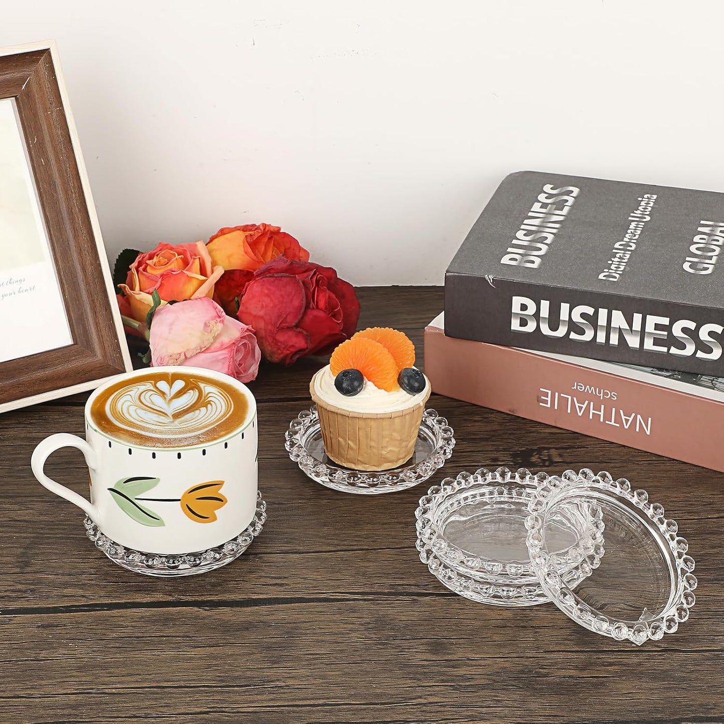 Modern Clear Glass Coaster Set - 5-Piece Round Coasters with Beaded Edge for Drinks, Ideal for Coffee Table Decor in Office, Kitchen, Bar, Dining Room, Living Room, and Patio (Clear)