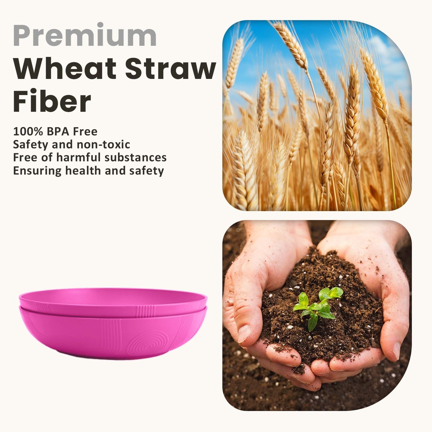 Wheat Straw Large Salad Bowls - 60 OZ Unbreakable Serving Bowls for Kitchen, Camping, and Parties - Microwave and Dishwasher Safe - Lightweight Pink Bowls for Fruits and Salads