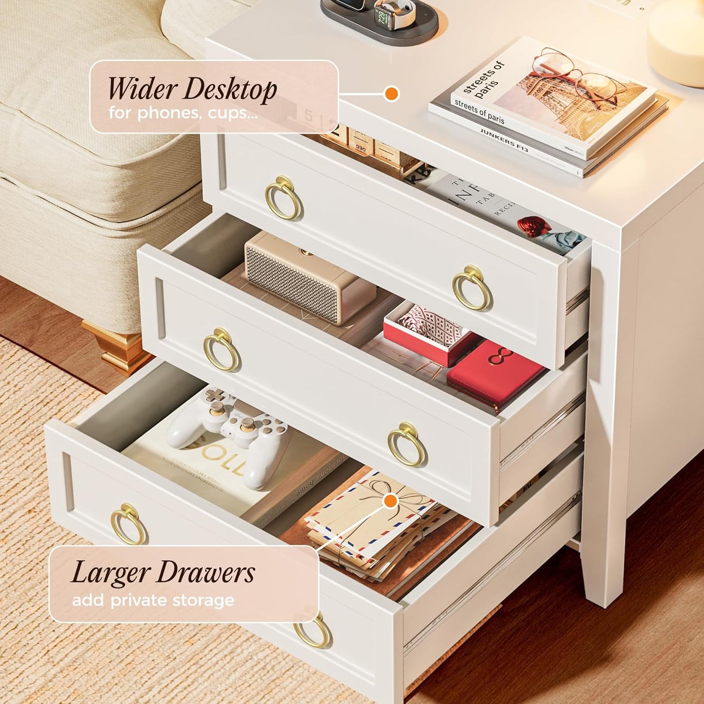 Modern White Nightstand Set of 2 with Charger Station and USB-C Port, 3 Drawer Bedside Tables, Larger and Wider Design for Bedroom