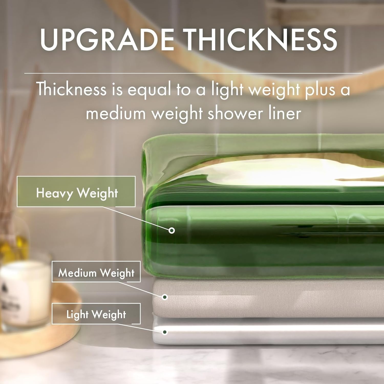 No Hook Shower Curtain Liner, 100% EVA Heavy Duty Hookless Shower Curtain and Liner 3-In-1, 72X75 Luxury Soft Shower Liner with 3 Heavyweight Stones, Clear Green