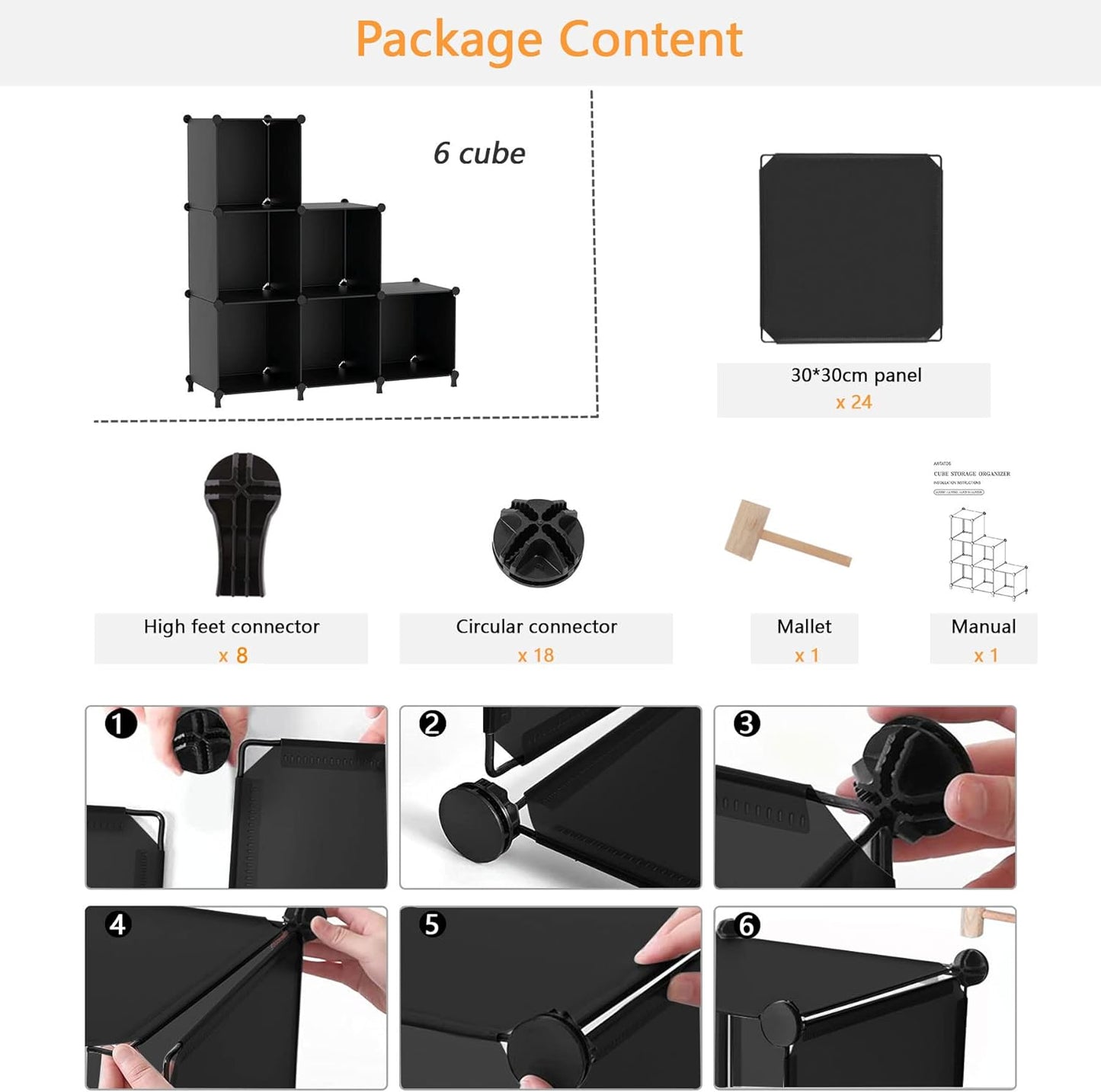 Cube Storage Organizer, Storage Cubes Shelves Bookshelf, 6 Cube Closet Organizers and Storage, DIY Stackable Plastic Clothes Organizer Shelving for Bedroom, Home, Black