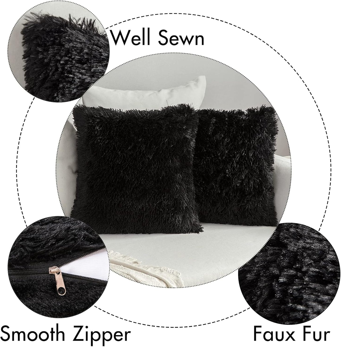 Pack of 2 Luxury Faux Fur Throw Pillow Cover Deluxe Winter Decorative Plush Pillow Case Cushion Cover Shell for Sofa Bedroom Car 18 X 18 Inch Black