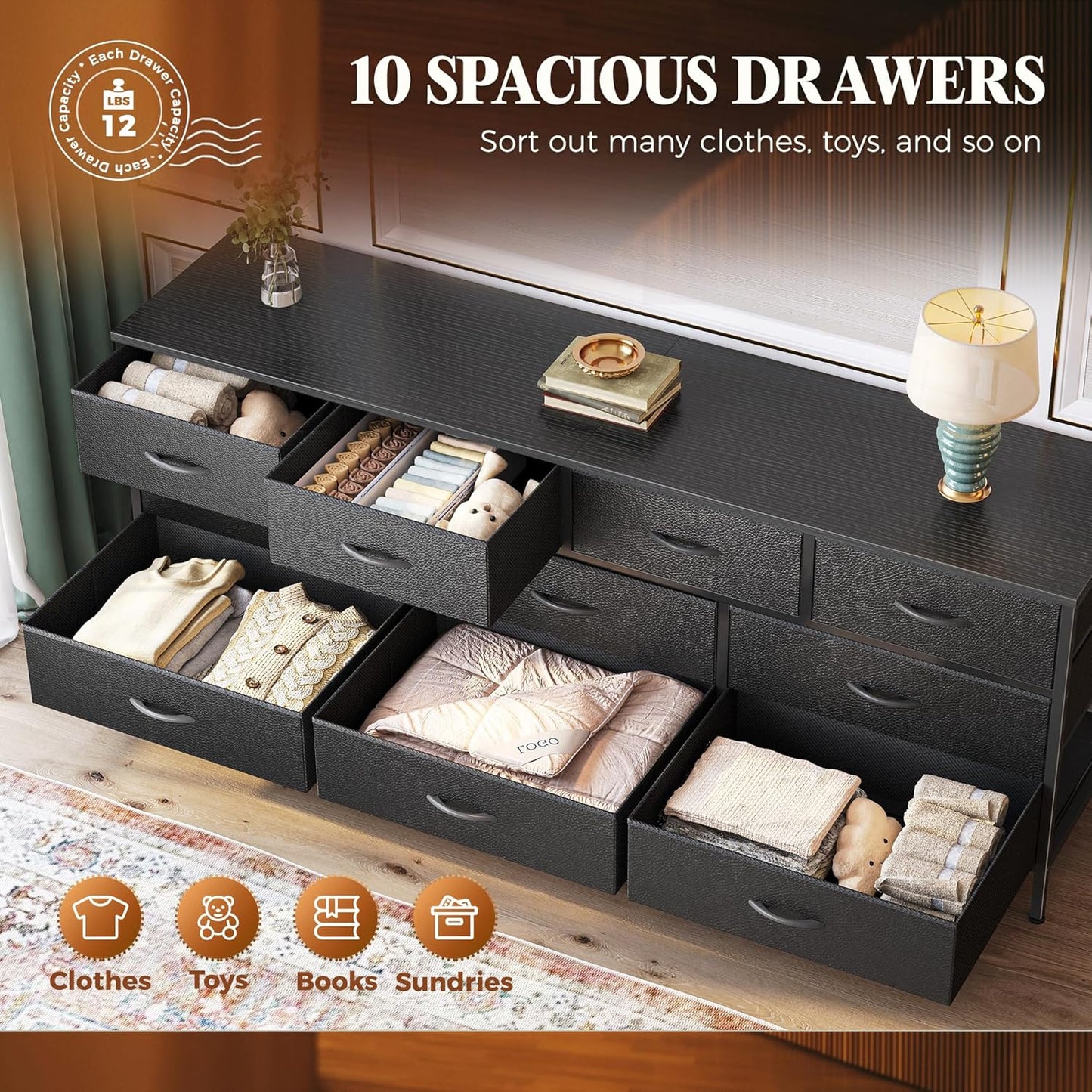 63-Inch Versatile Dresser with 10 Fabric Drawers, Ideal TV Stand for 55 to 70 Inch TVs, and Toy Storage Organizer in Black