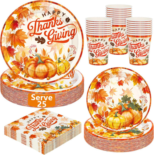 100 PCS Thanksgiving Plates and Napkins Cups Set - Serve 25 Guests, Disposable 9" & 7" Plates, Pumpkins Patterned Napkins and Cups, Friendsgiving Party Supplies
