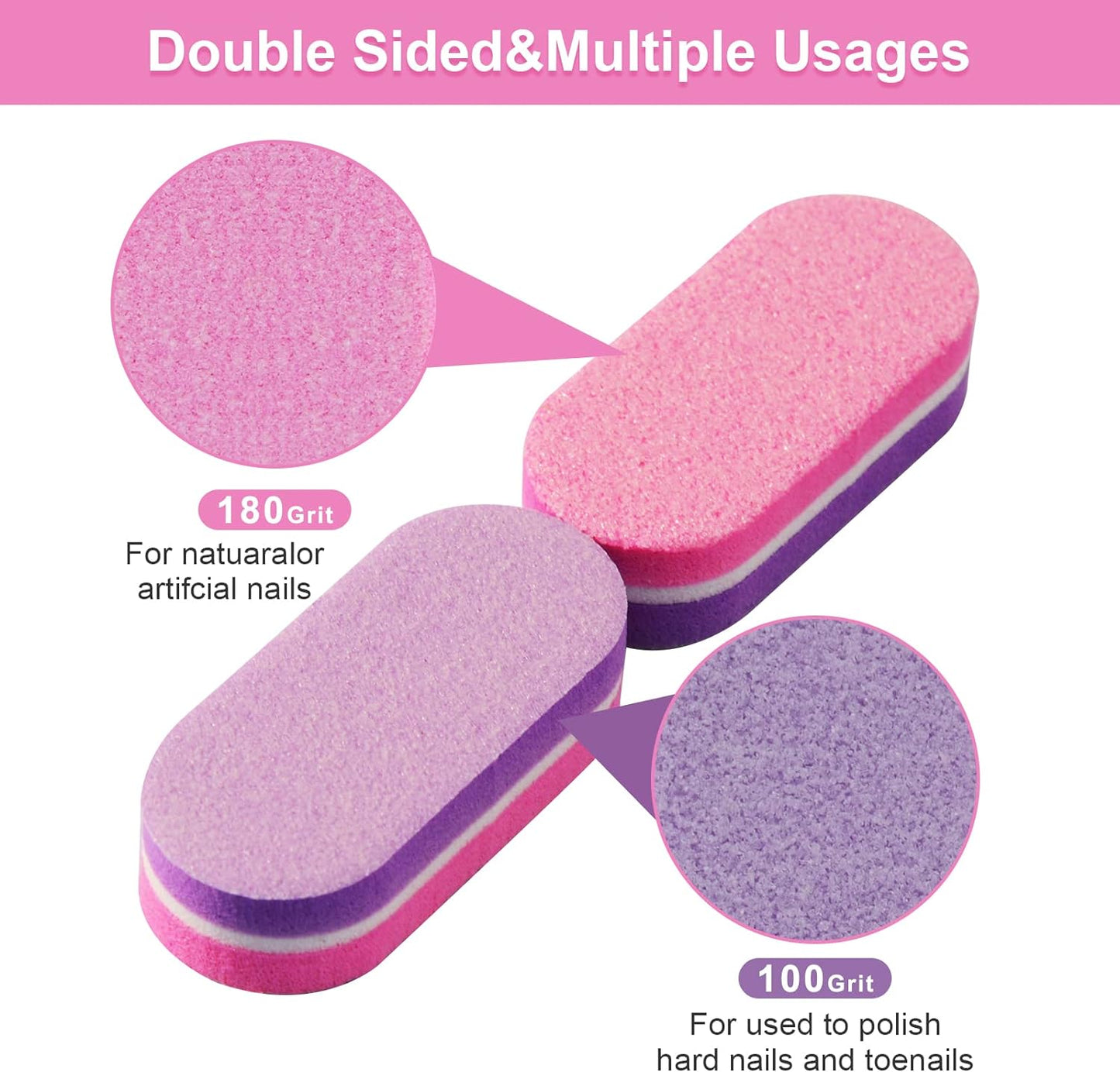 Mini Nail Buffers, 40Pc 100/180 Grit Sponge Mini Nail Files Bulk for Acrylic Nails, Buffer Block Nail File,Mini Bulk Nail Buffers Double Sided for Manicure Tools - Pink/Purple