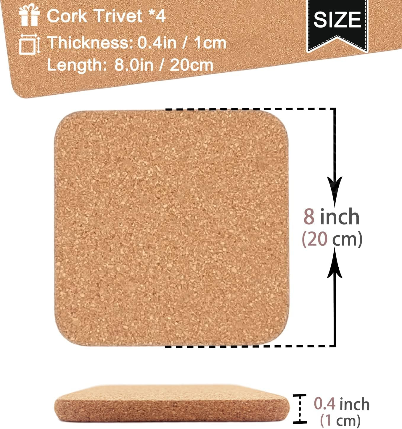 Cork Trivet, 4 Pcs High Density Thick Square Cork Trivets for Hot Dishes, 8 Inch Heat Resistant Multifunctional Cork Coaster, Cork Hot Pads for Table & Countertop