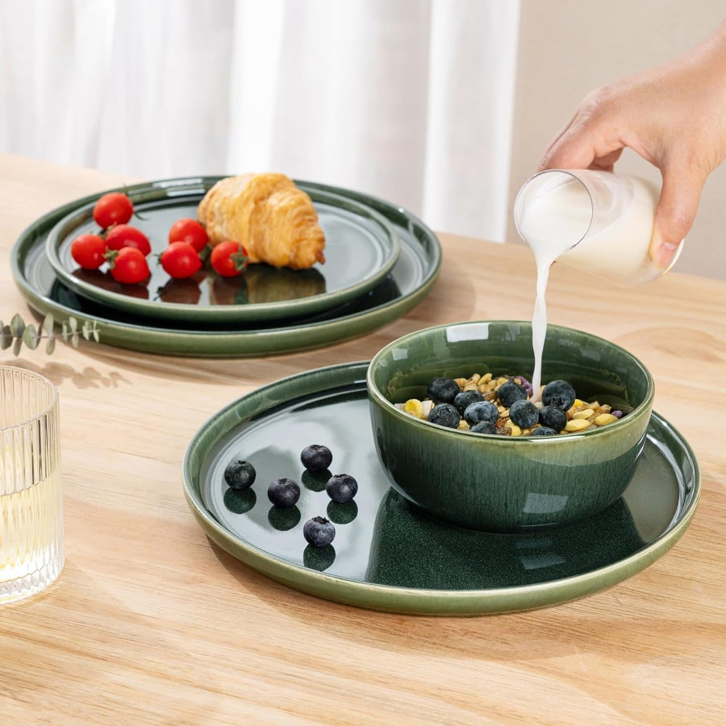 Ceramic Dinnerware Set for Six - 18-Piece Stoneware Plate and Bowl Collection with Reactive Glaze Finish, Scratch Resistant, Dishwasher and Microwave Safe, Earth Green