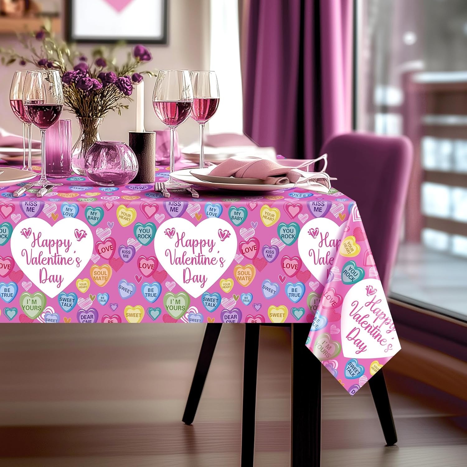 Set of 4 Disposable Waterproof Tablecloths, 54x108 inches, Featuring Love Hearts and Text for Galentine's Day, Weddings, Anniversaries, Engagements, and Celebrations