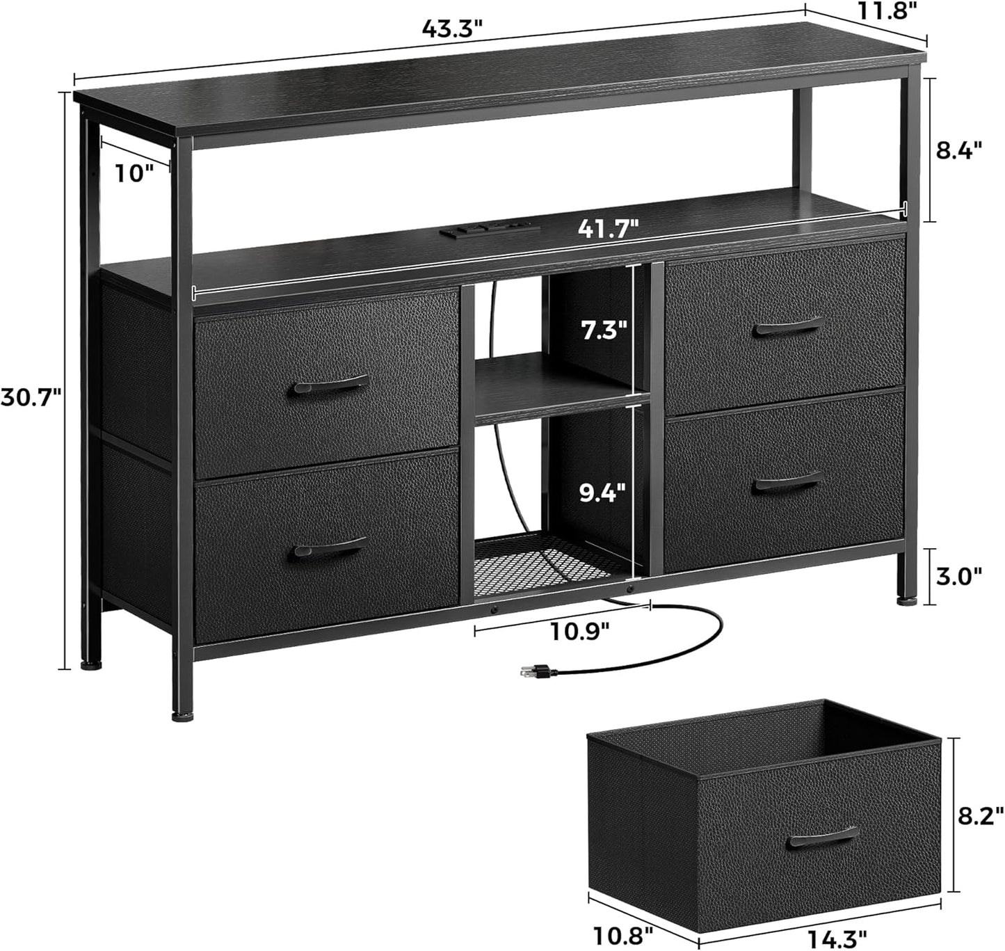 TV Stand Dresser with Integrated Power Outlets and LED Lighting, 4-Drawer Entertainment Center with Open Shelf, Media Console for 43-50 Inch TVs, Black PU Finish