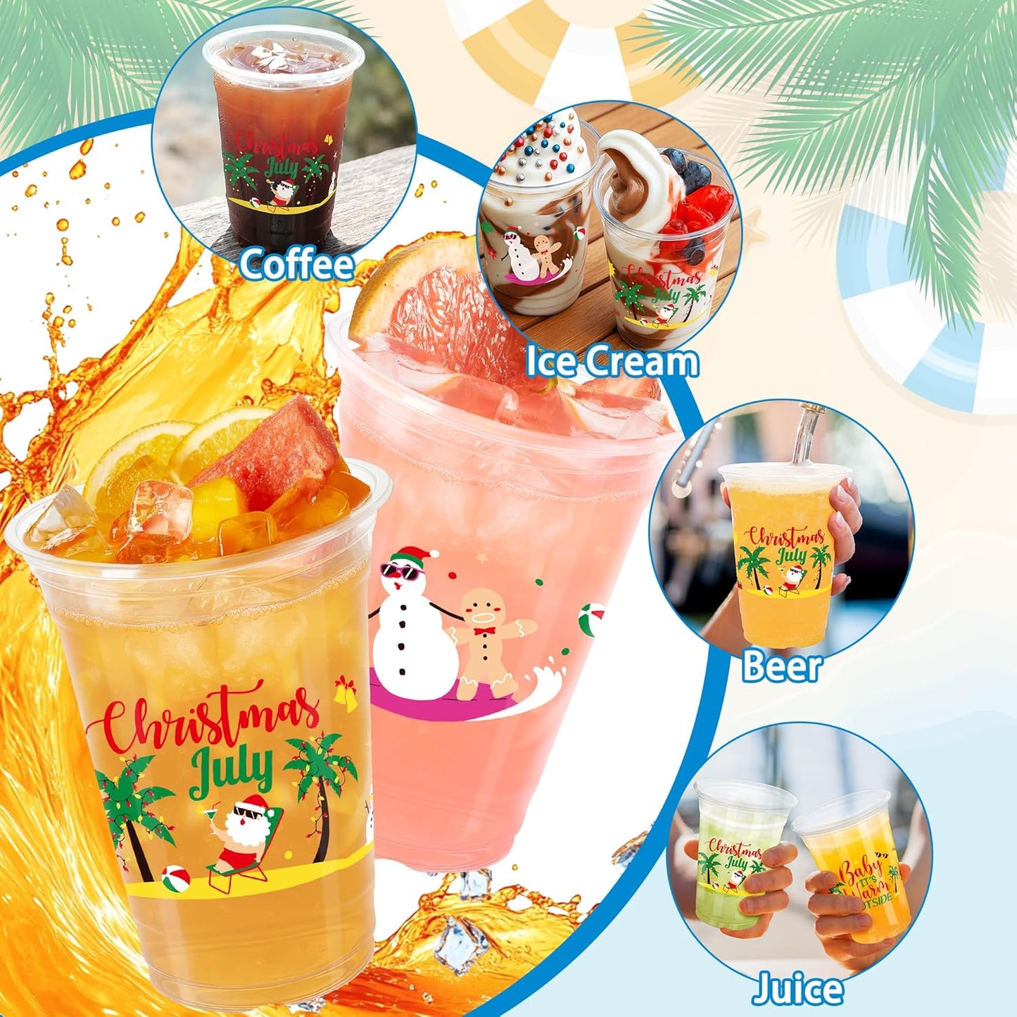 50 Pcs July Christmas Plastic Cups, 14 Oz Xmas in July Party Decorations, Santa Summer Christmas Disposable Plastic Cups, Clear Cup for Tropical Beach Bbqs Summer Hawaiian Party Supplies