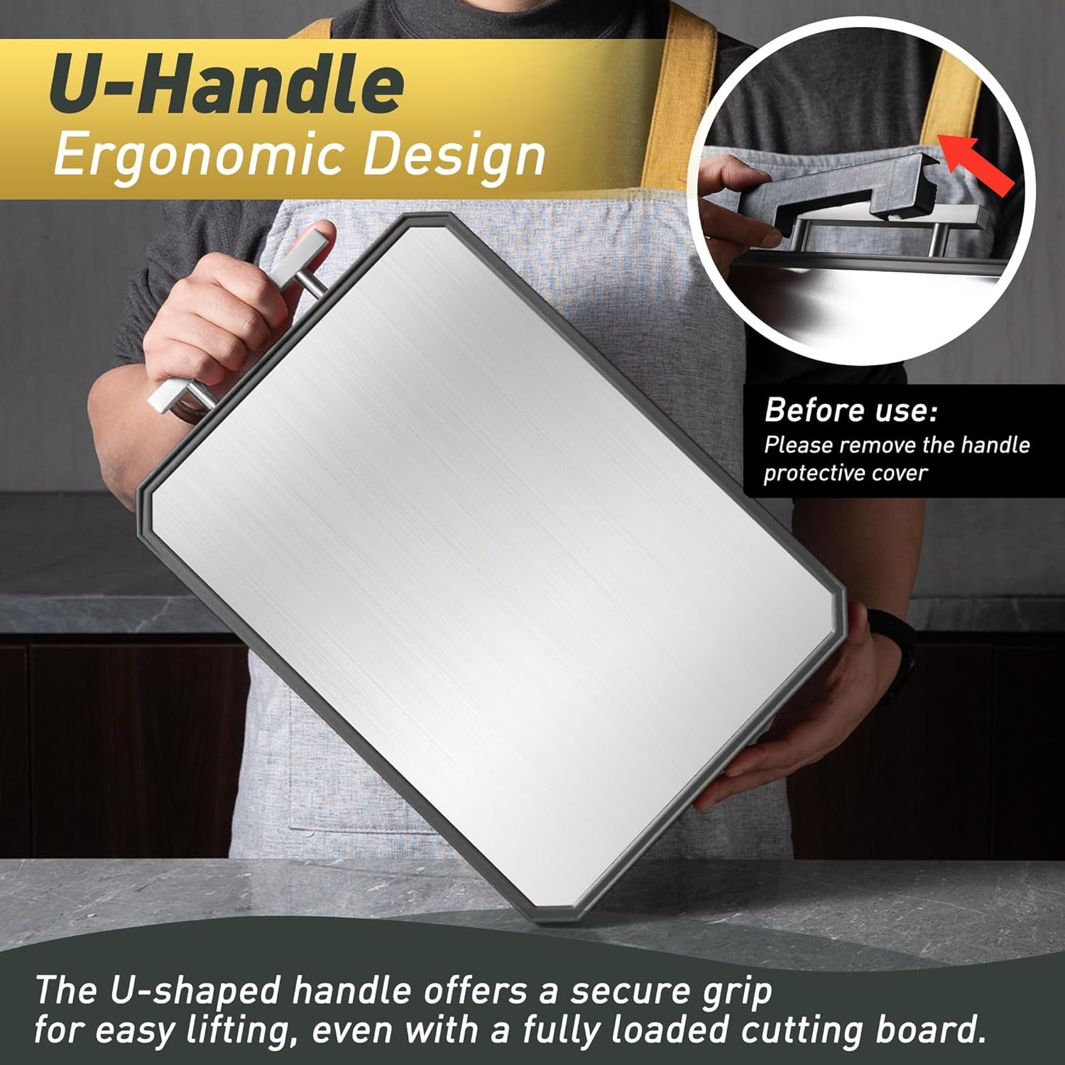 2 in 1 Stainless Steel Cutting Board with Handle Chopping Large Big Small Metal Carving Kitchen Meat Butcher Block Not Titanium Wood Bamboo Glass Marble Stone Rubber Plastic Silicone Acrylic Teak Sink