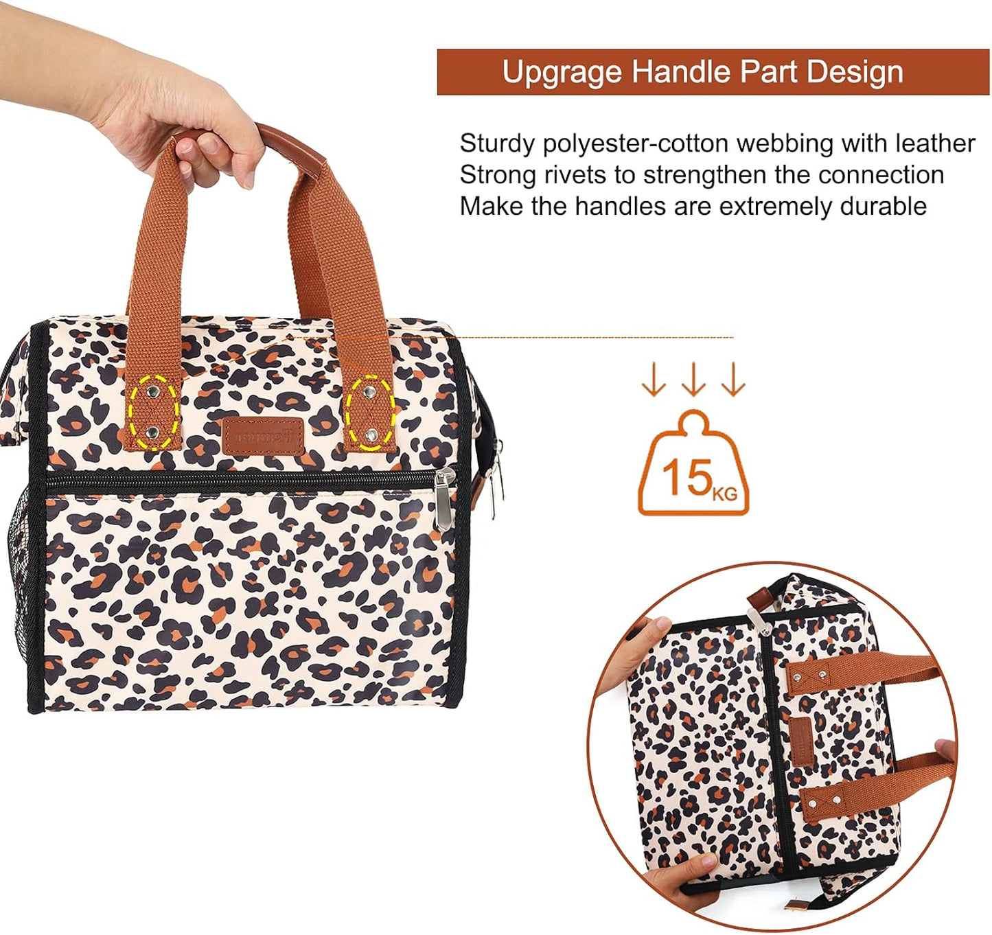 Leopard Lunch Bag Insulated Lunch Bags for Women Men and Kids Reusable & Wide-Open Lunch Tote Bag Portable Insulated Bag for Office, School and Picnic, (Beige with Leopard)