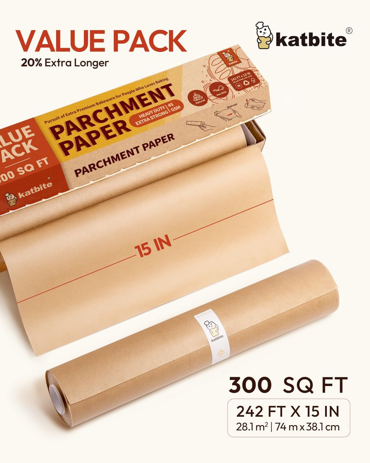 Unbleached Parchment Paper Roll - 15" x 242', 300 sq. ft., Non-Stick with Serrated Cutter for Baking, Cooking, and Air Frying