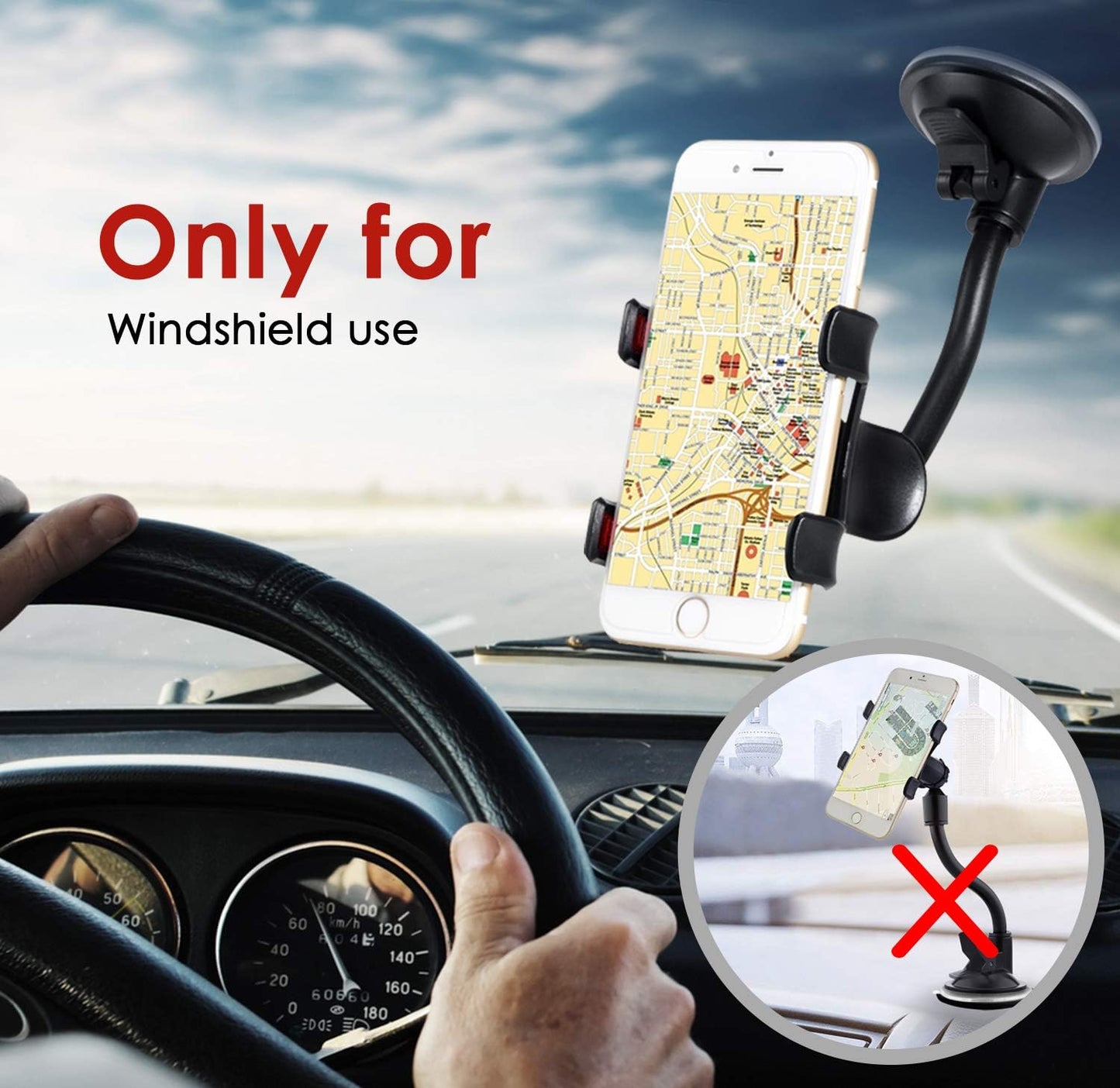 Car Phone Mount Windshield, Long Arm Clamp Universal Windshield with Double Clip Strong Suction Cup Cell Phone Holder Compatible with Iphone 15 14 13 Pro Max XS 7 8 Plus, Galaxy S24 S23 Ultra